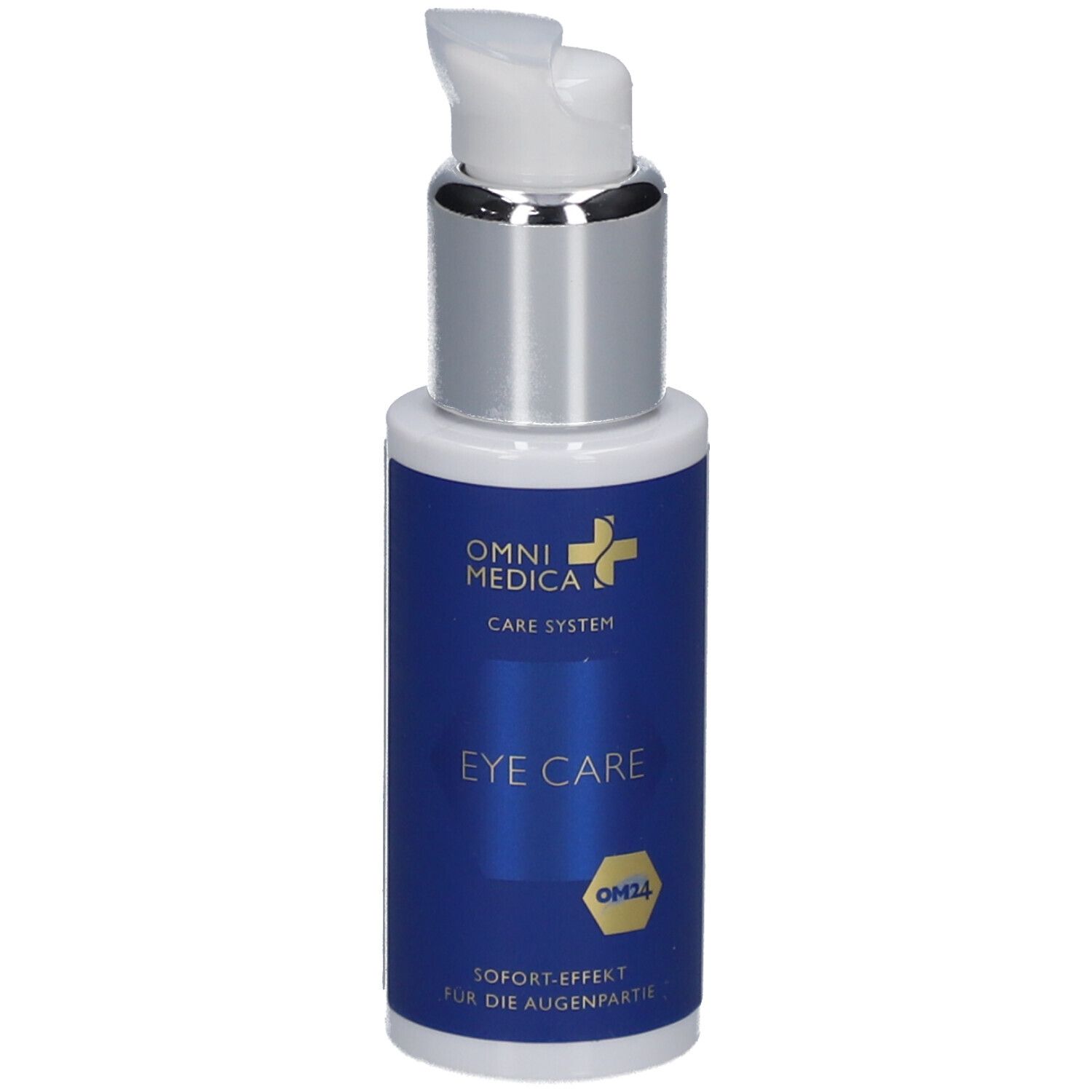 Flacon de soin pour les yeux avec pompe. Étiquette bleu et blanc avec EYE CARE et logo.