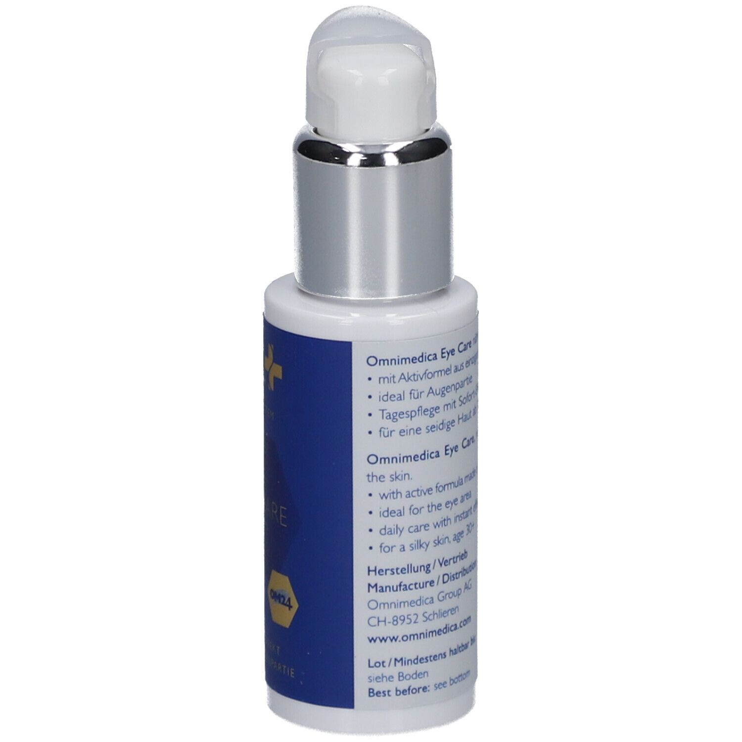 Flacon de soin pour les yeux, vue arrière. Flacon blanc avec étiquette bleue et texte. Pompe argentée.