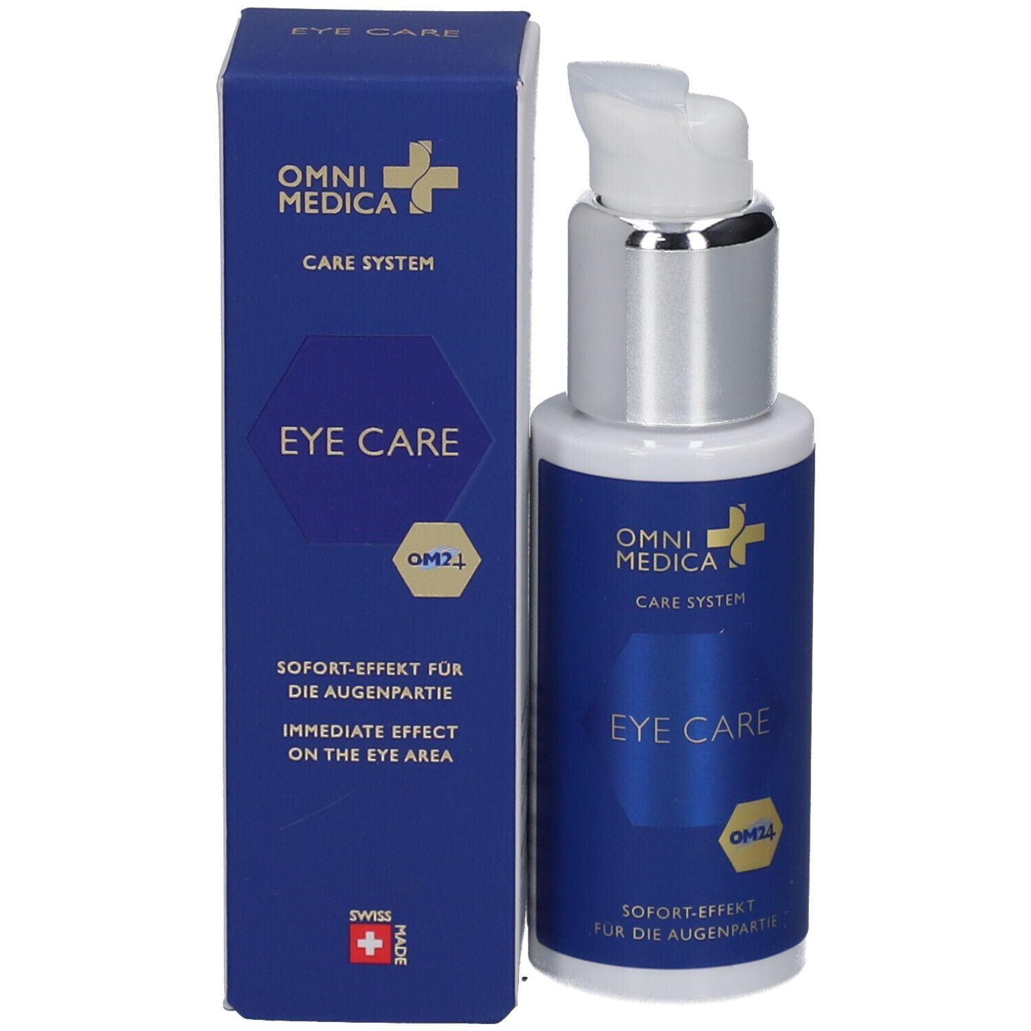 Flacon de soin pour les yeux et emballage. Boîte bleue avec EYE CARE et logo. Flacon à côté.