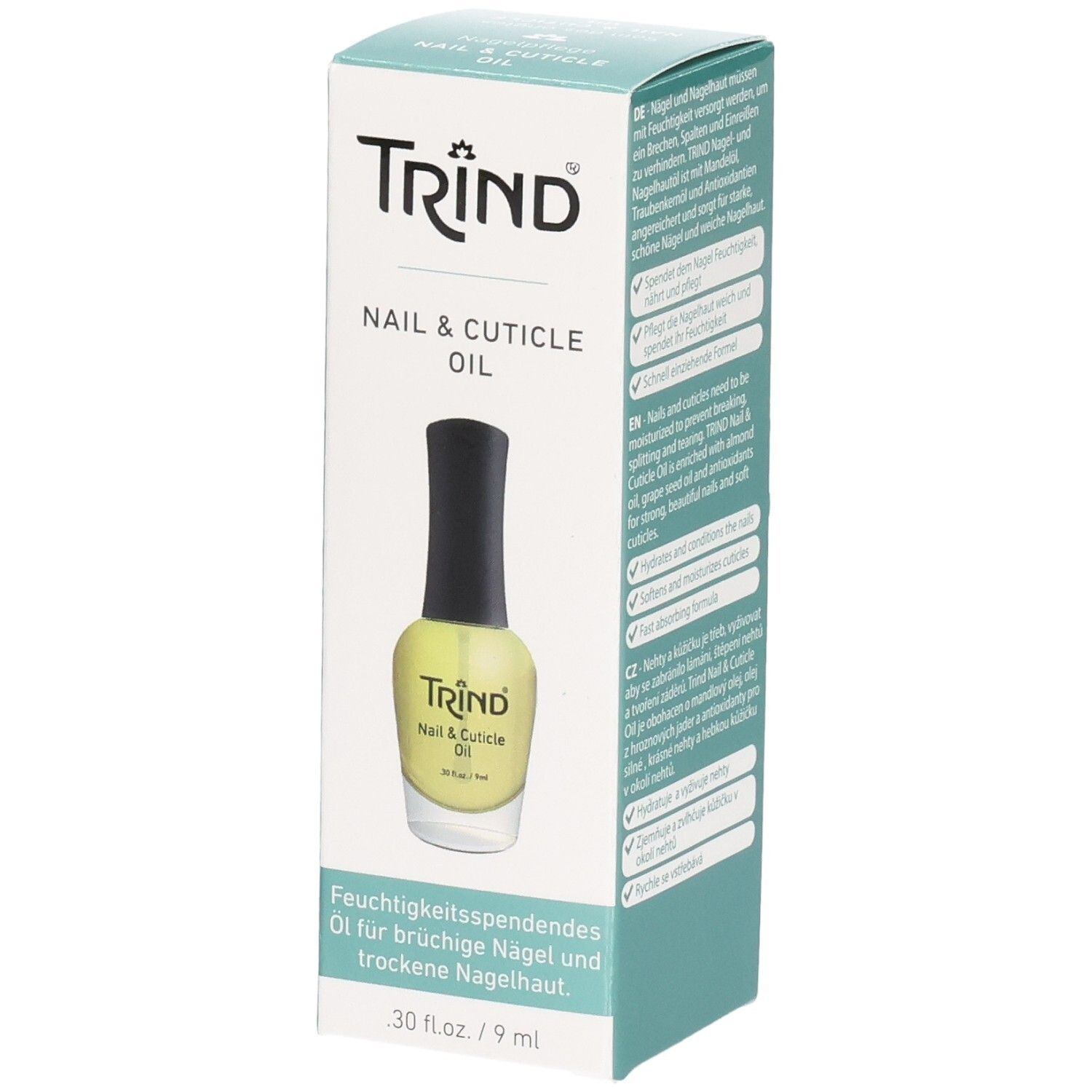 Flacon de Nail & Cuticle Oil Trind dans une boîte. Liquide jaune, bouchon noir. Inscription: Nail & Cuticle Oil.