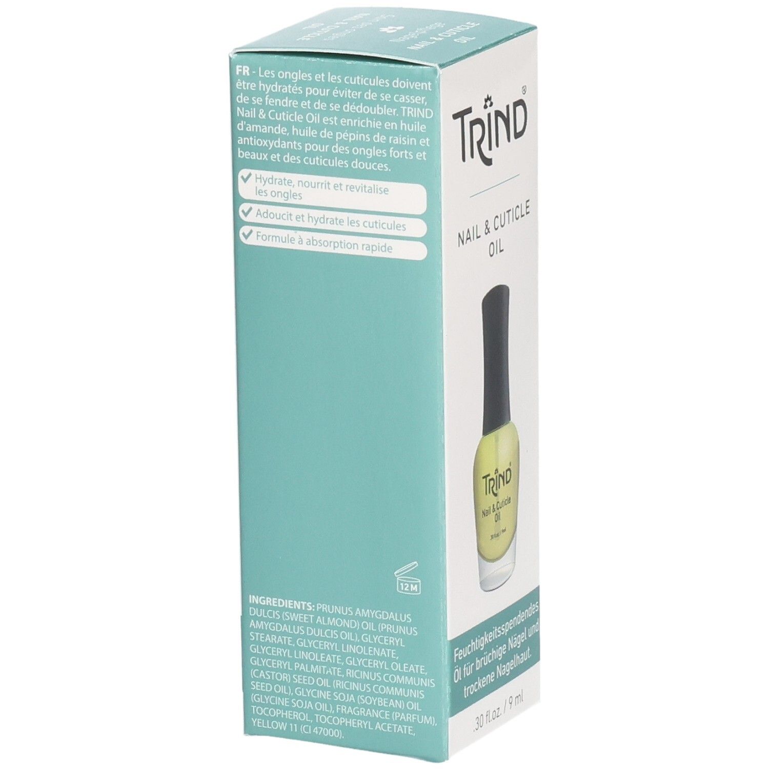 Dos de l'emballage de l'huile Trind Nail & Cuticle. Texte multilingue, ingrédients et informations sur le produit.