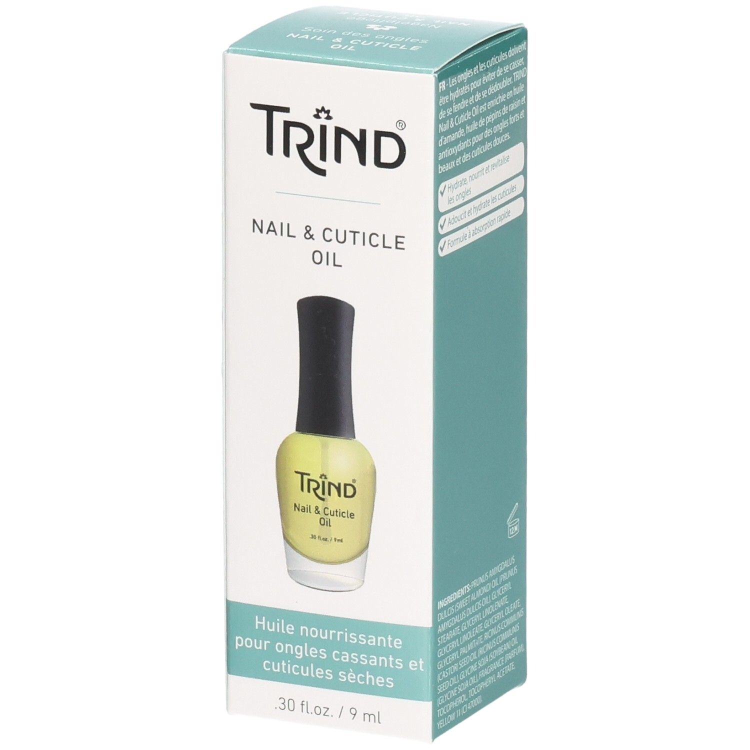 Flacon de Nail & Cuticle Oil Trind dans une boîte. Liquide jaune, bouchon noir. Inscription: Nail & Cuticle Oil.