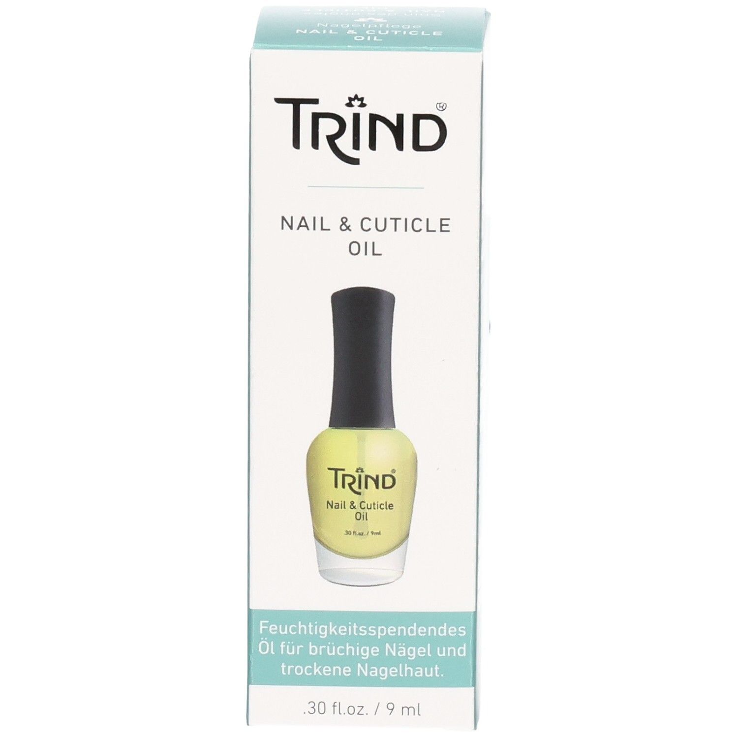 Flacon de Nail & Cuticle Oil Trind dans une boîte. Liquide jaune, bouchon noir. Inscription: Nail & Cuticle Oil.