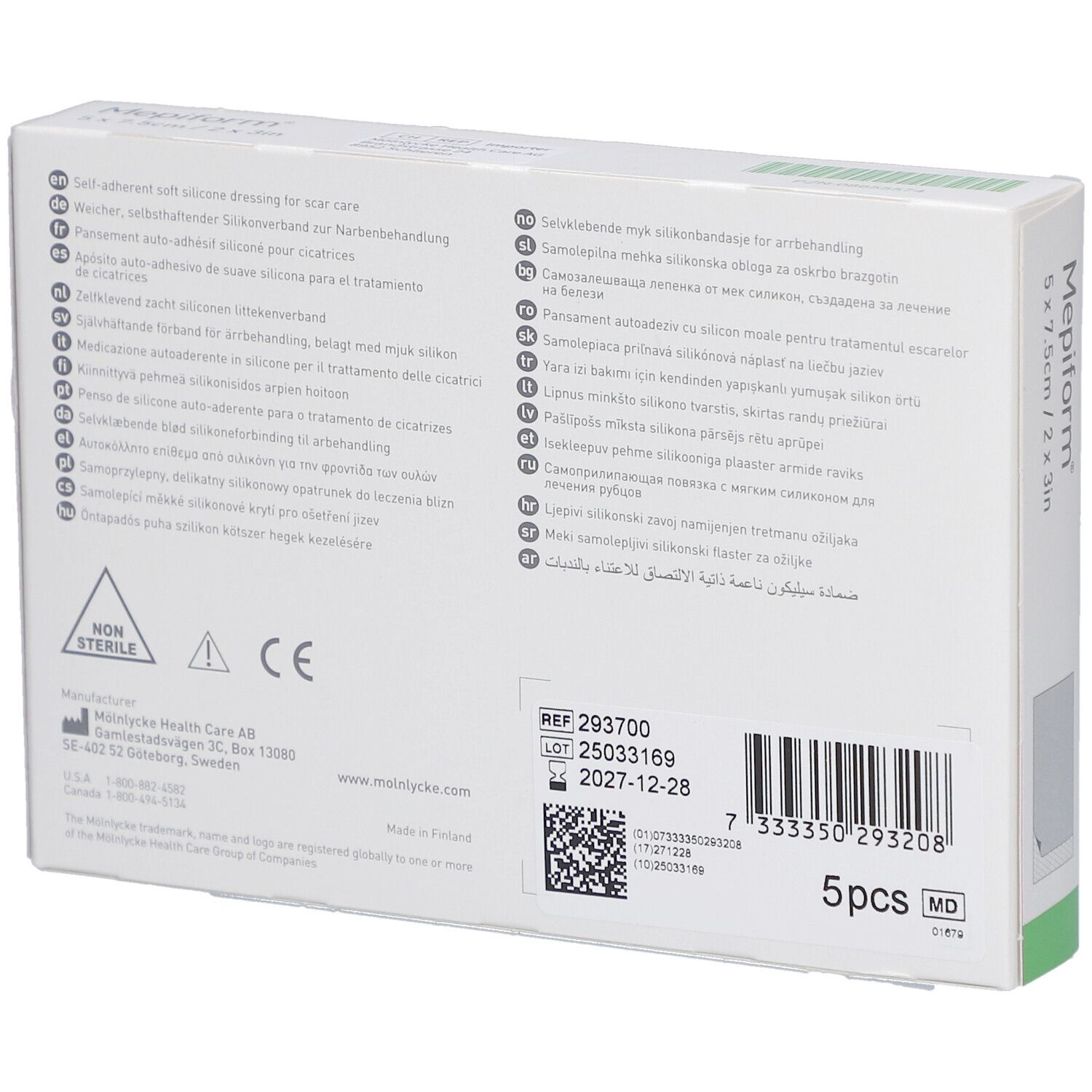 Dos de la boîte Mepiform. Textes multilingues, informations produit, numéro de lot et coordonnées du fabricant.