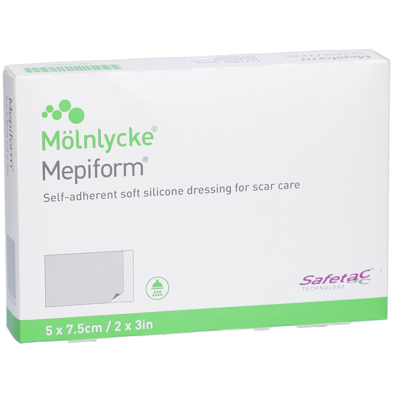 Boîte Mepiform. Blanc avec accents verts. Nom du produit, taille 5 x 7,5 cm et logo clairement visibles.