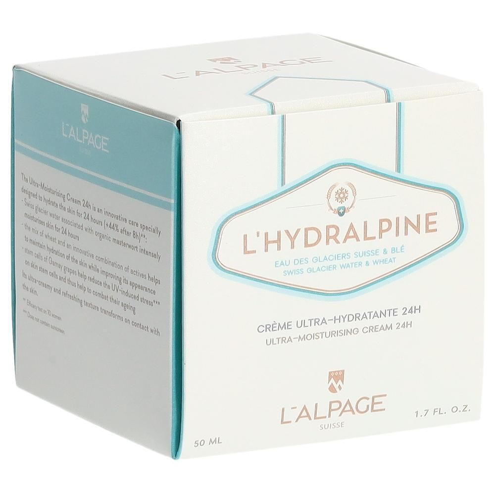 Boîte blanche L'Hydralpine. Texte: Crème Ultra-Hydratante 24H. 1.7 fl. oz. et 50 ml.