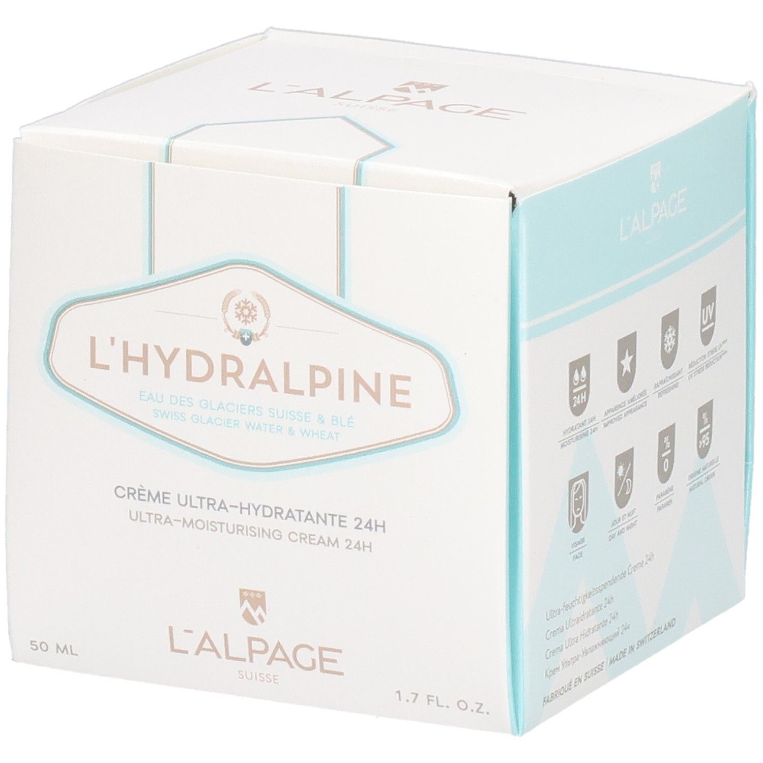 Boîte blanche L'Hydralpine. Texte: Crème Ultra-Hydratante 24H. 1.7 fl. oz. et 50 ml.