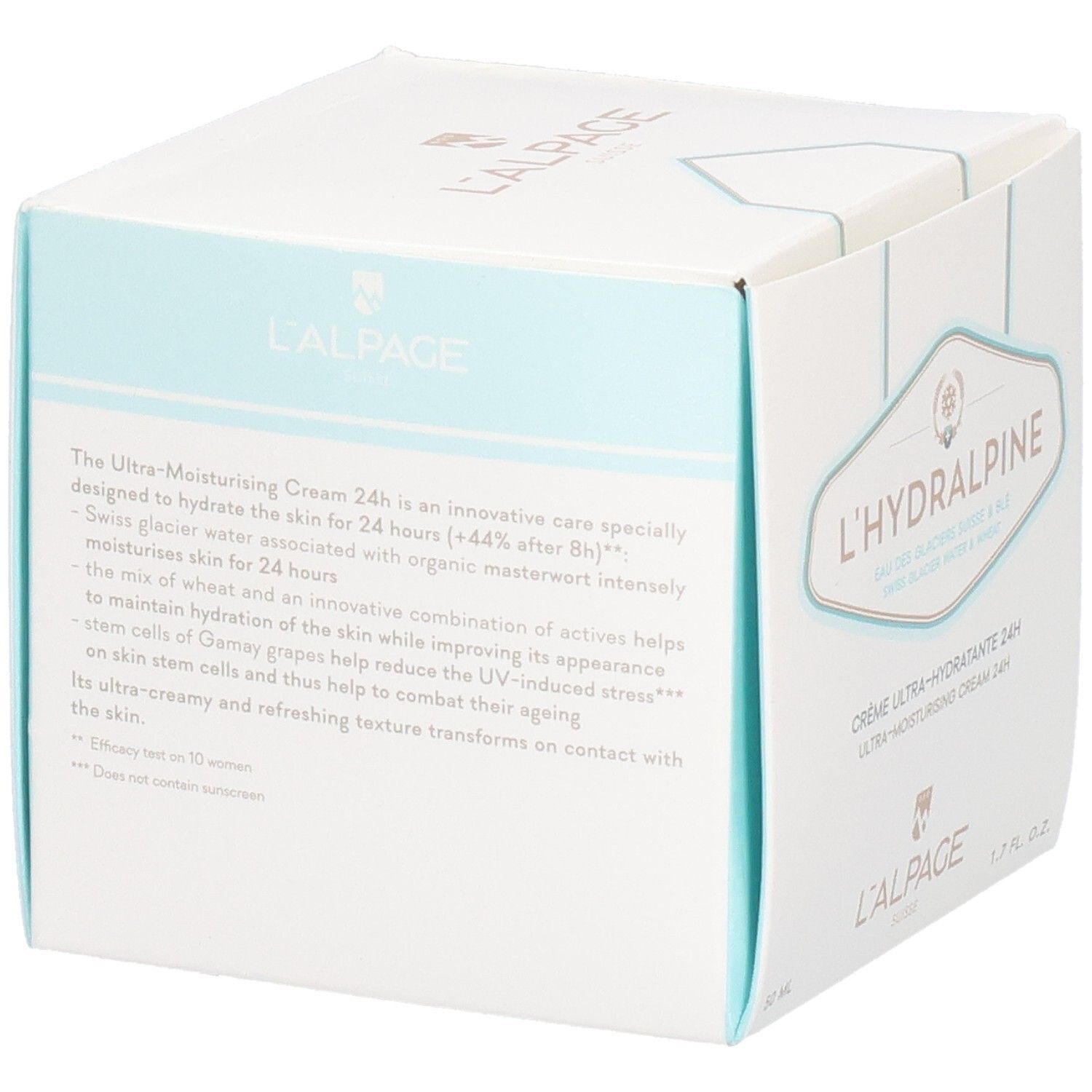 Boîte blanche L'Hydralpine. Texte sur le côté. 1.7 fl. oz. et 50 ml.