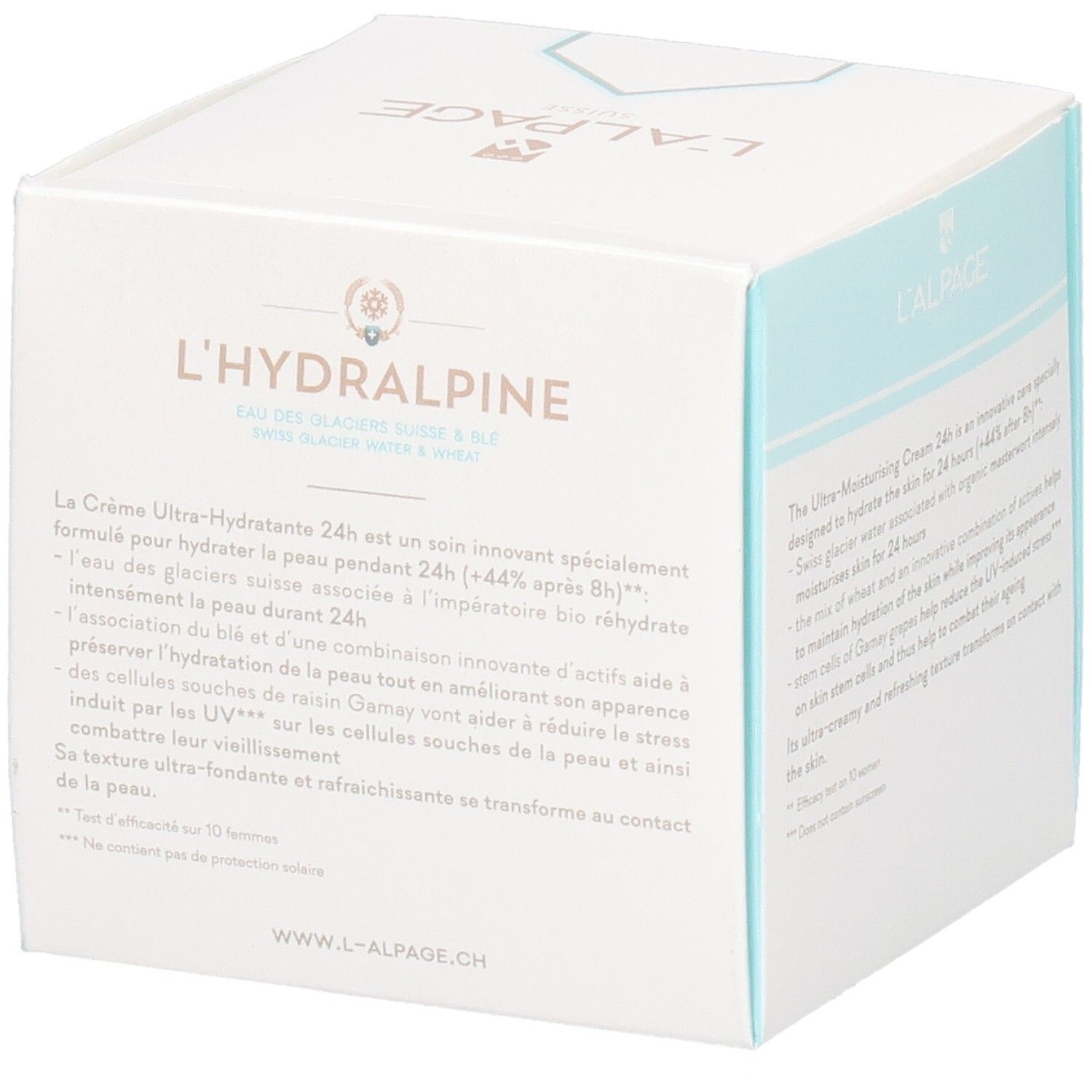 Boîte blanche L'Hydralpine. Texte sur le côté. 1.7 fl. oz. et 50 ml.