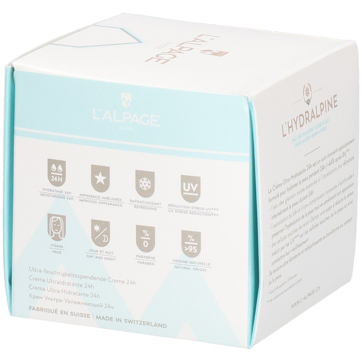 Boîte blanche L'Hydralpine. Texte et symboles sur le côté. 1.7 fl. oz. et 50 ml.