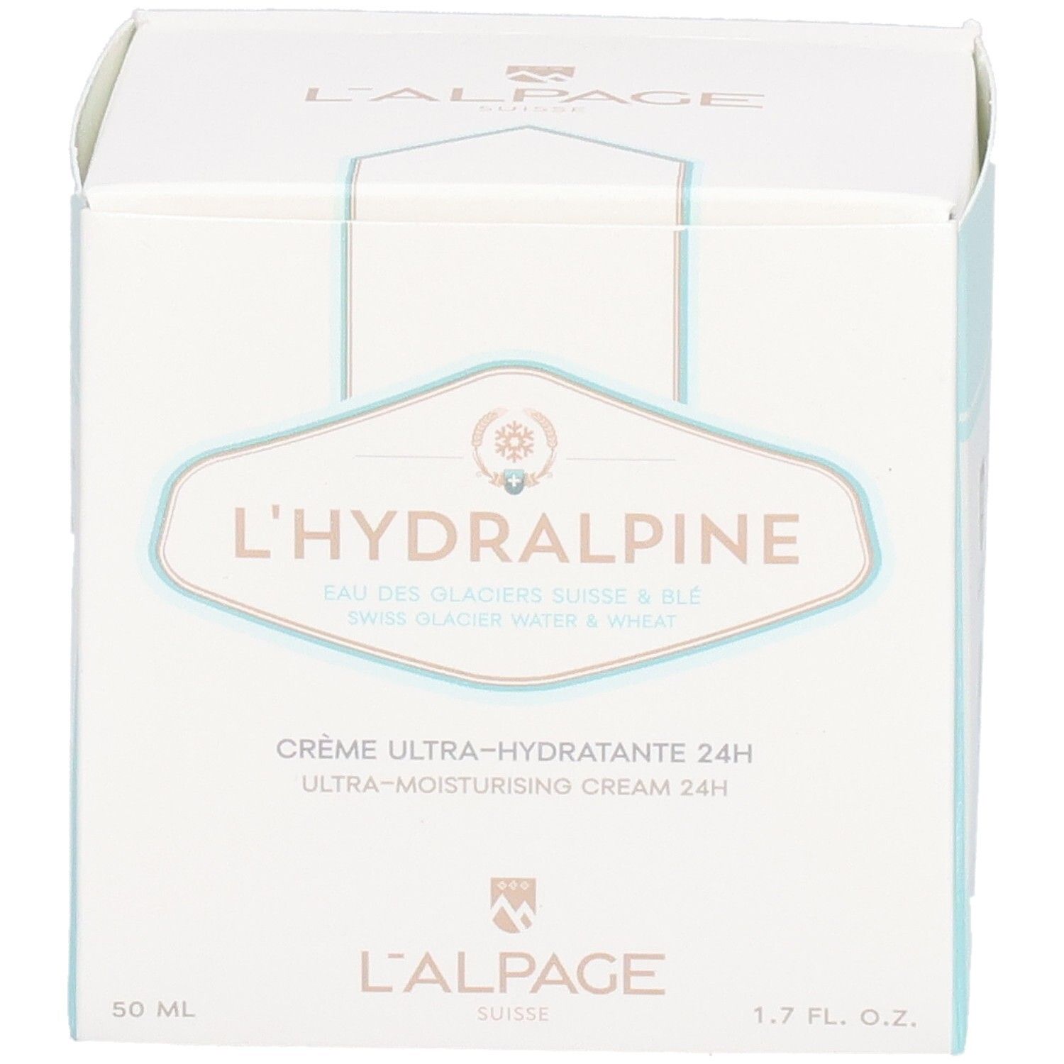 Boîte blanche L'Hydralpine. Texte: Crème Ultra-Hydratante 24H. 1.7 fl. oz. et 50 ml.