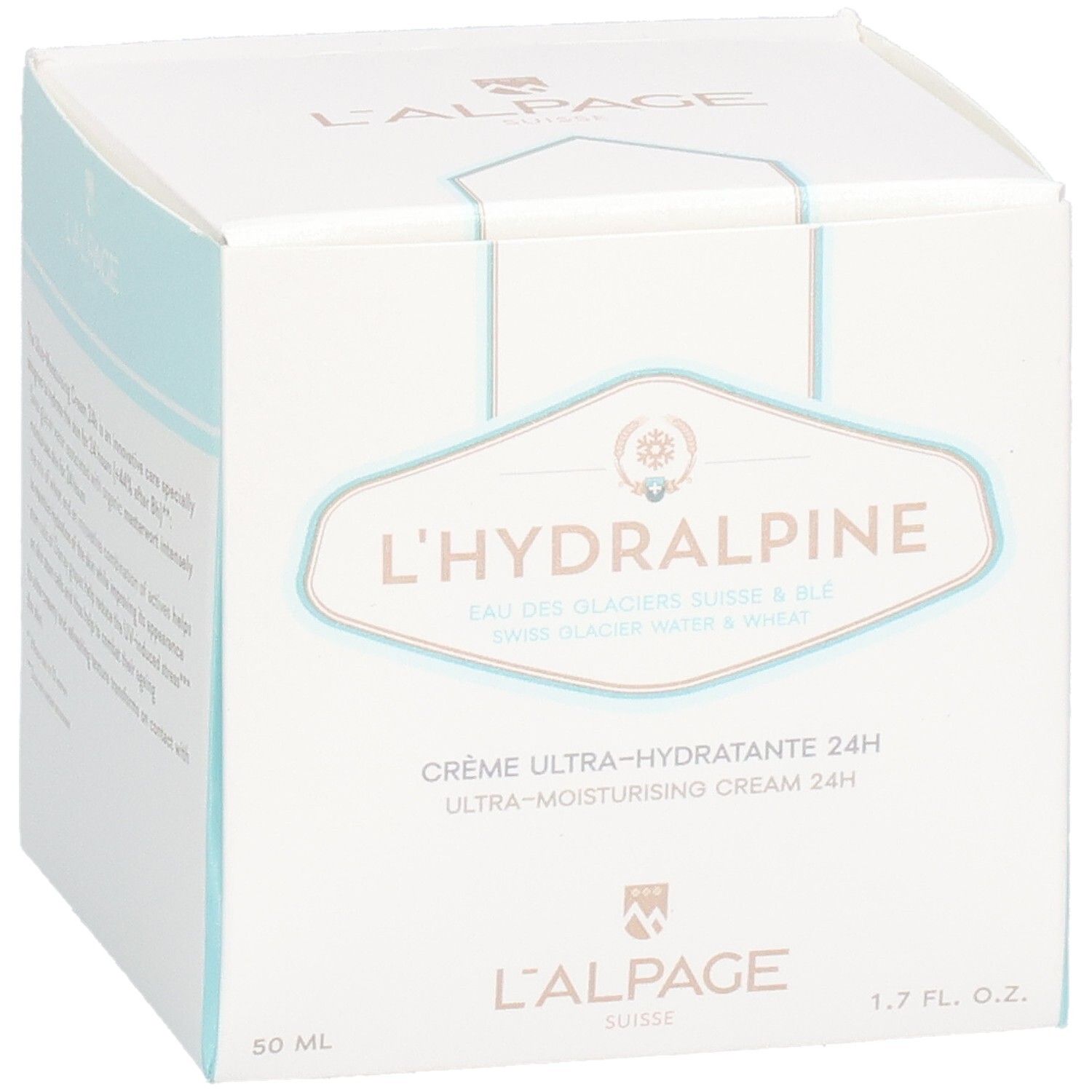Boîte blanche L'Hydralpine. Texte: Crème Ultra-Hydratante 24H. 1.7 fl. oz. et 50 ml.