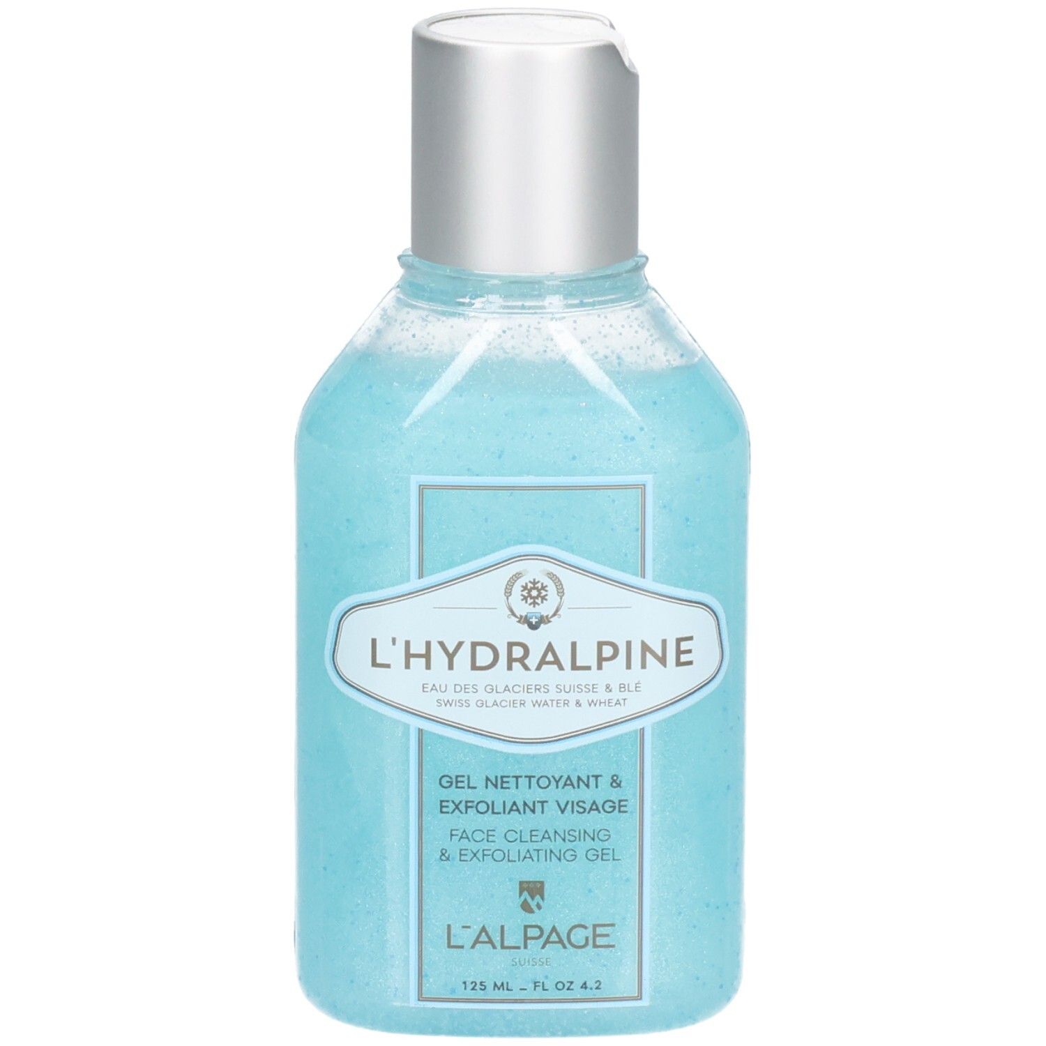 Gel bleu dans un flacon à bouchon argenté. Inscription : L'Hydralpine, Gel Nettoyant & Exfoliant Visage, Face Cleansing & Exfoliating Gel.