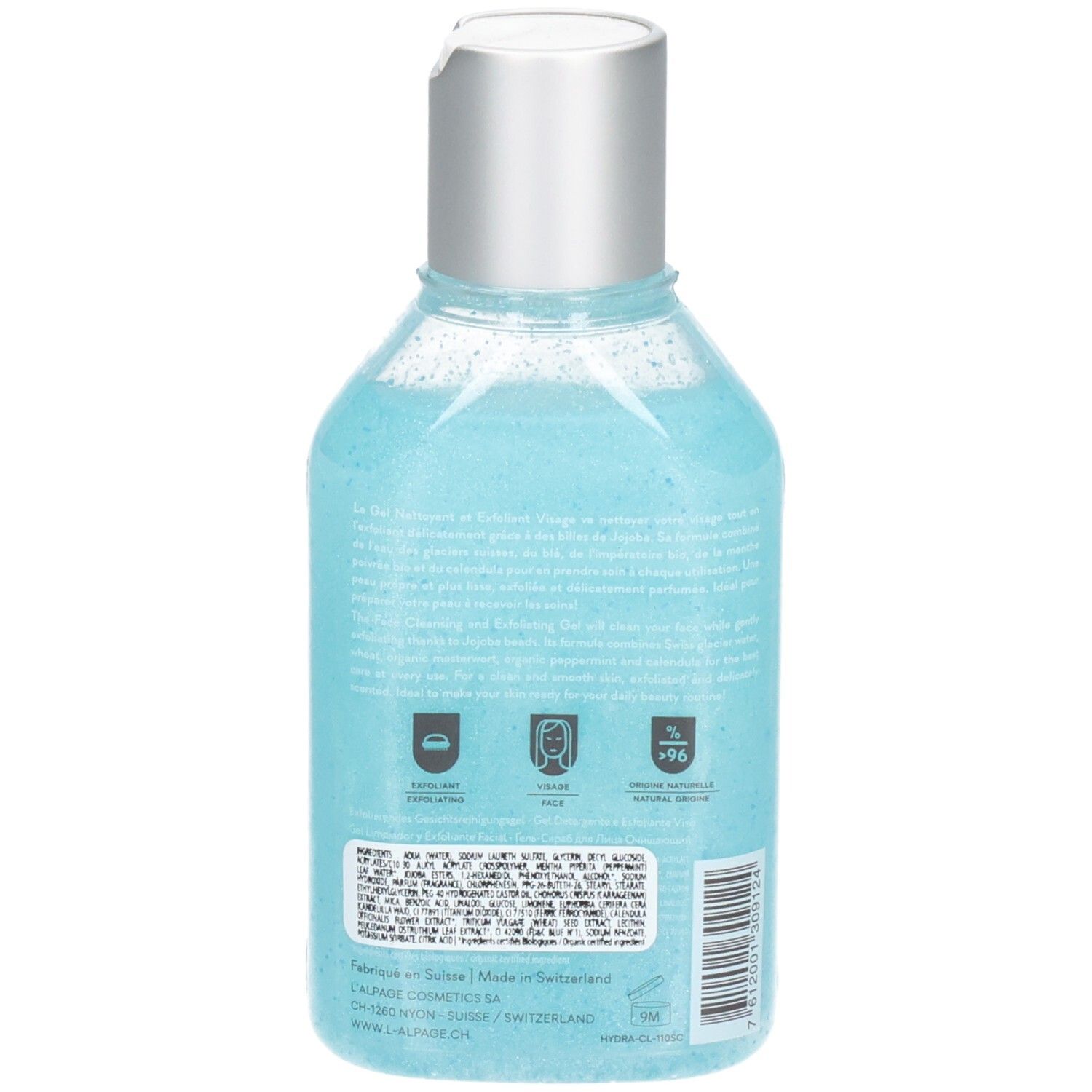 Dos du flacon de gel bleu. Texte : ingrédients, informations. Symboles : recyclage, tolérance cutanée, 96% ingrédients naturels.