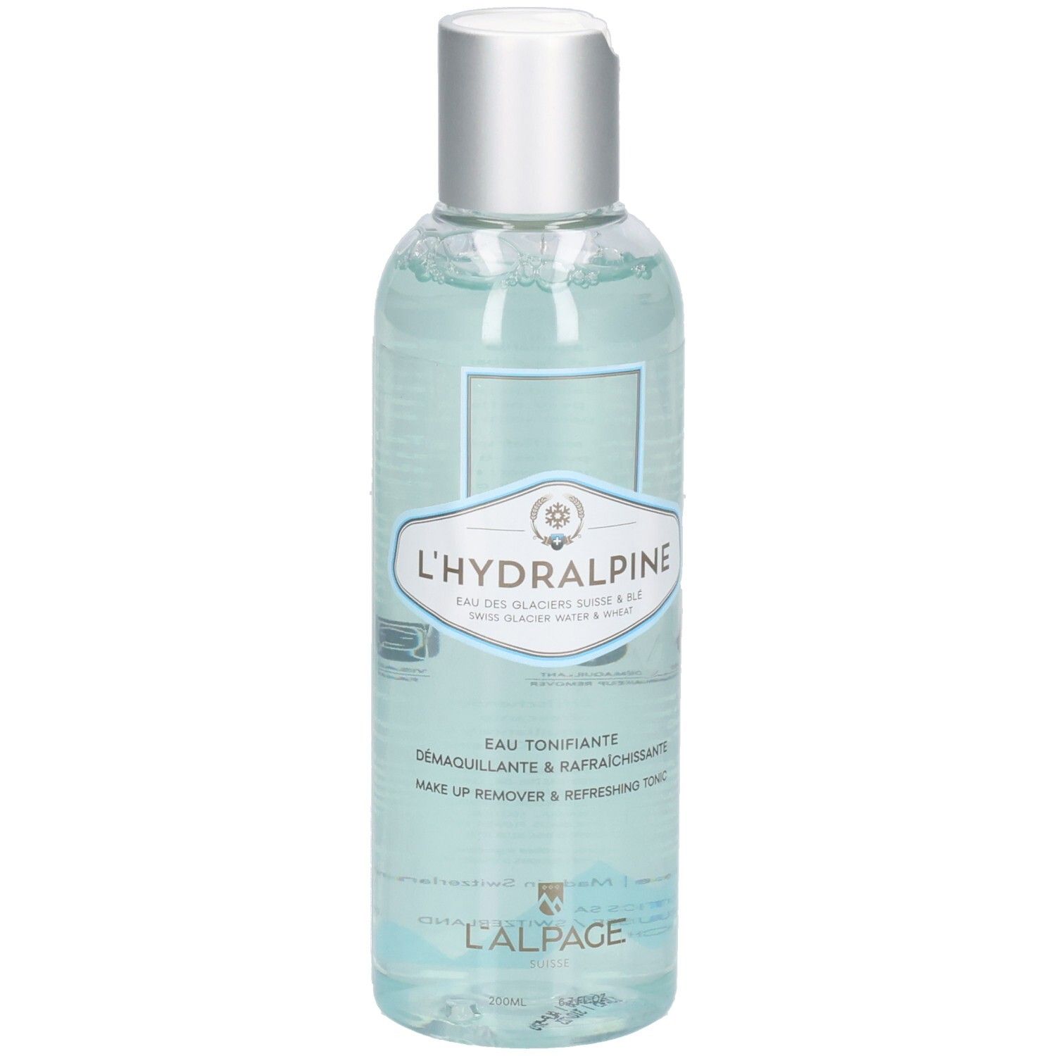 Flacon transparent avec bouchon argenté. Étiquette avec nom L'Hydralpine et texte. Liquide bleu visible.
