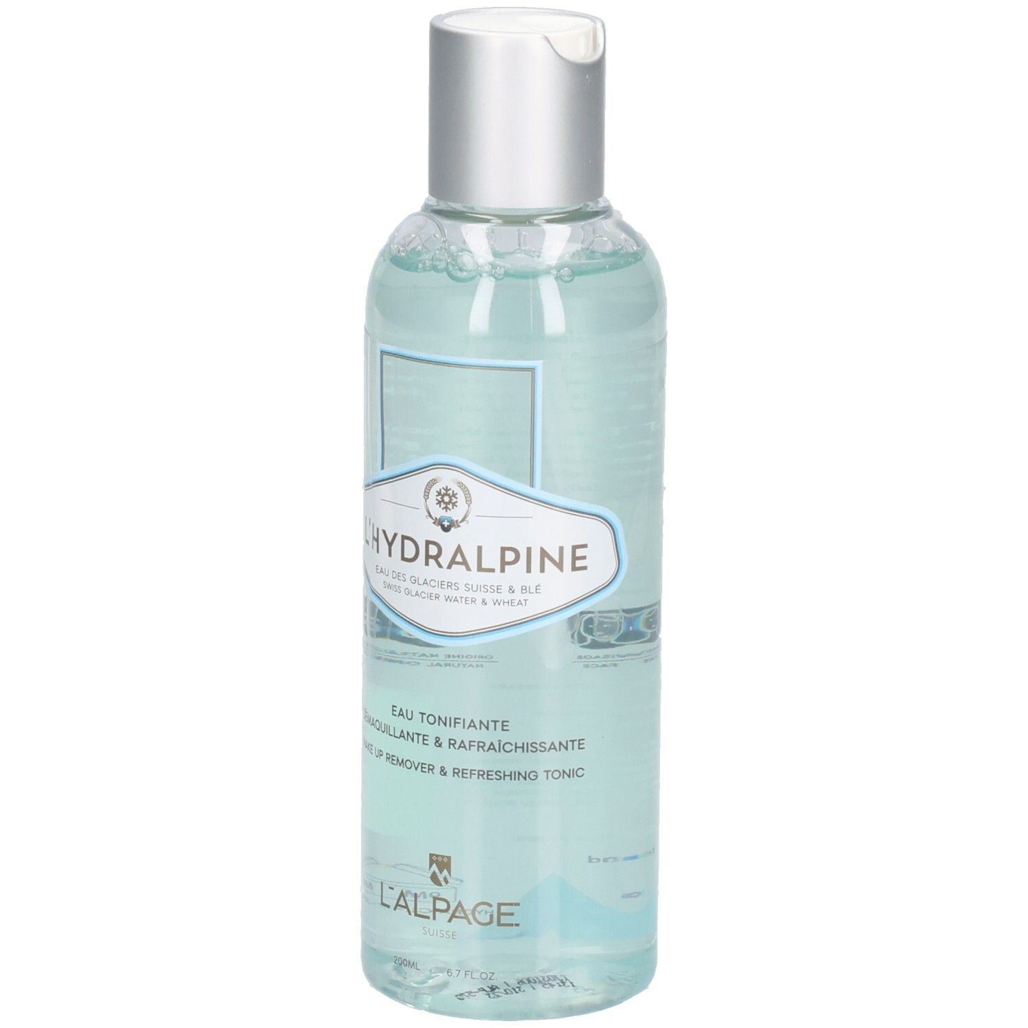 Flacon transparent avec bouchon argenté. Étiquette avec nom L'Hydralpine et texte. Liquide bleu visible.