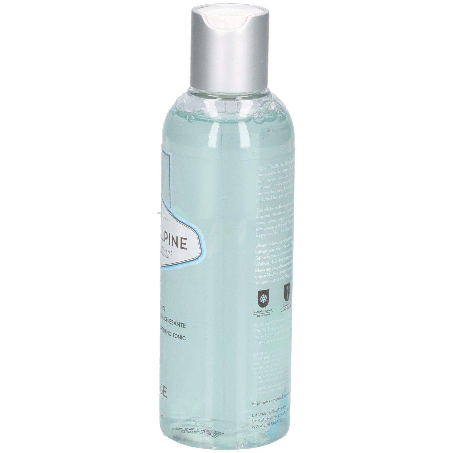 Vue arrière d'un flacon transparent avec bouchon argenté. Étiquette avec texte. Liquide bleu visible.