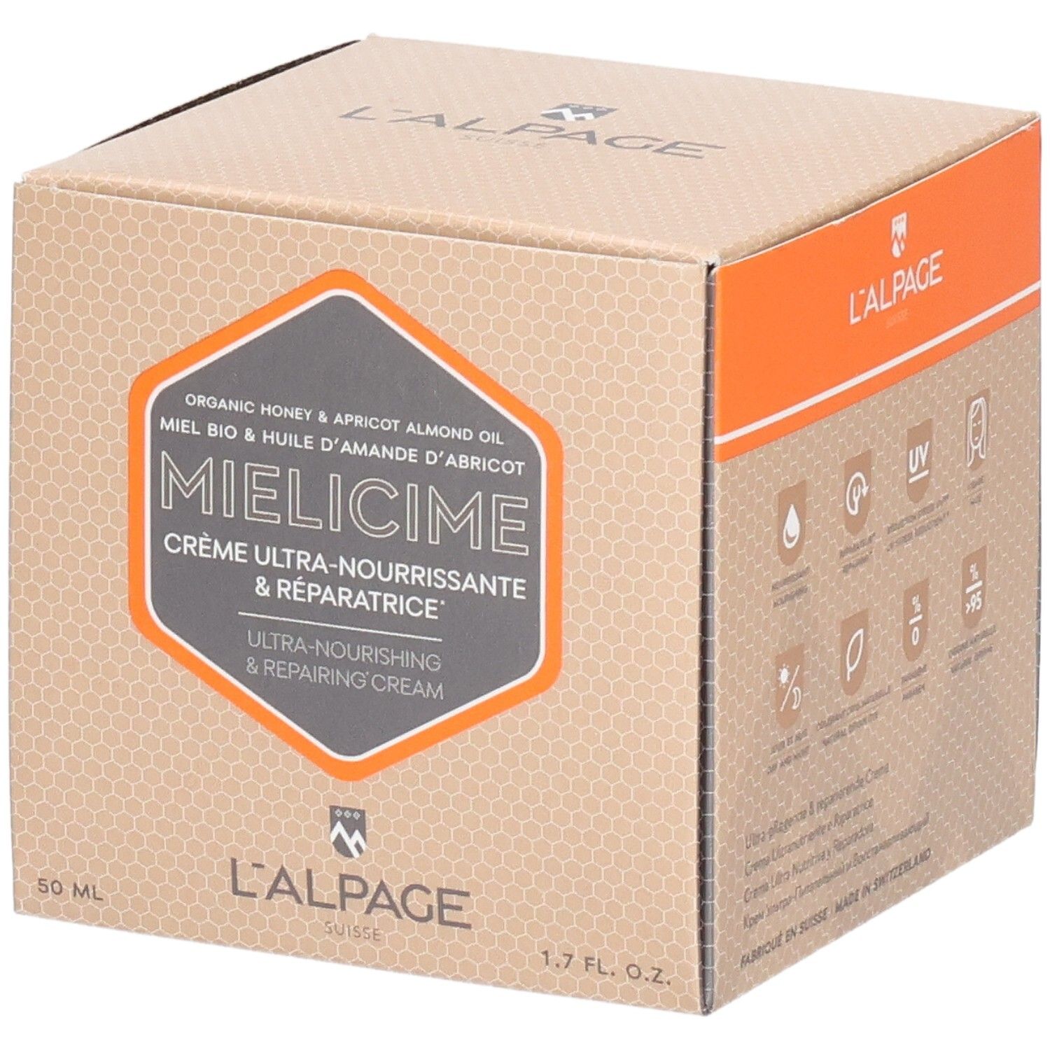 Boîte L'ALPAGE Mielicime. Ingrédients et nom du produit en orange. 50 ml, 1.7 fl. oz. Fond en nid d'abeille.