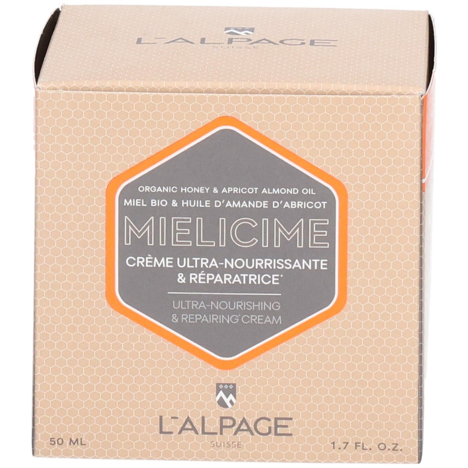 Boîte L'ALPAGE Mielicime. Nom du produit et ingrédients. 50 ml, 1.7 fl. oz. Fond orange.