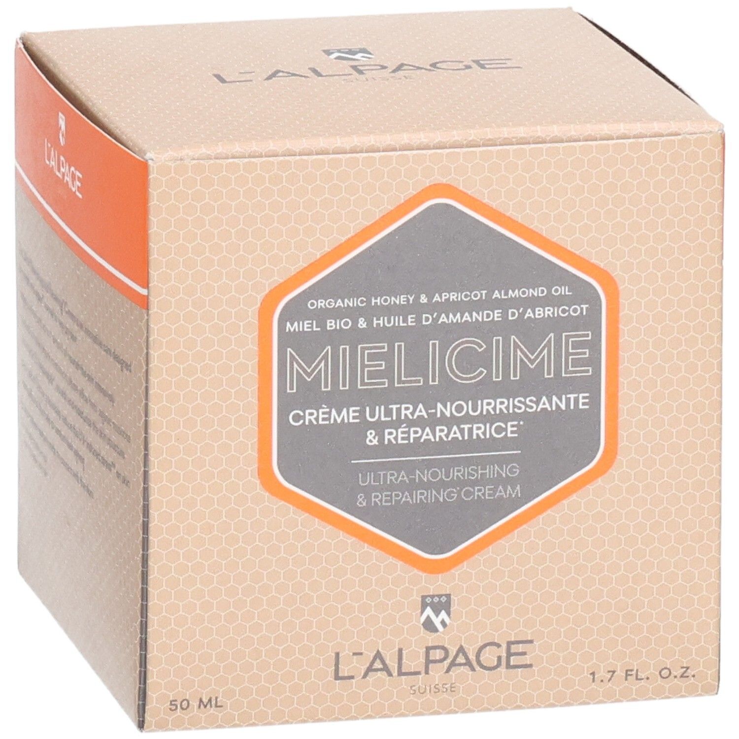 Boîte L'ALPAGE Mielicime. Nom du produit et ingrédients. 50 ml, 1.7 fl. oz. Fond orange.