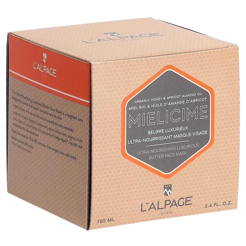 Boîte en carton avec impression du produit. Accents orange. Nom du produit : Mielicime. Texte : Masque visage ultra-nourrissant.