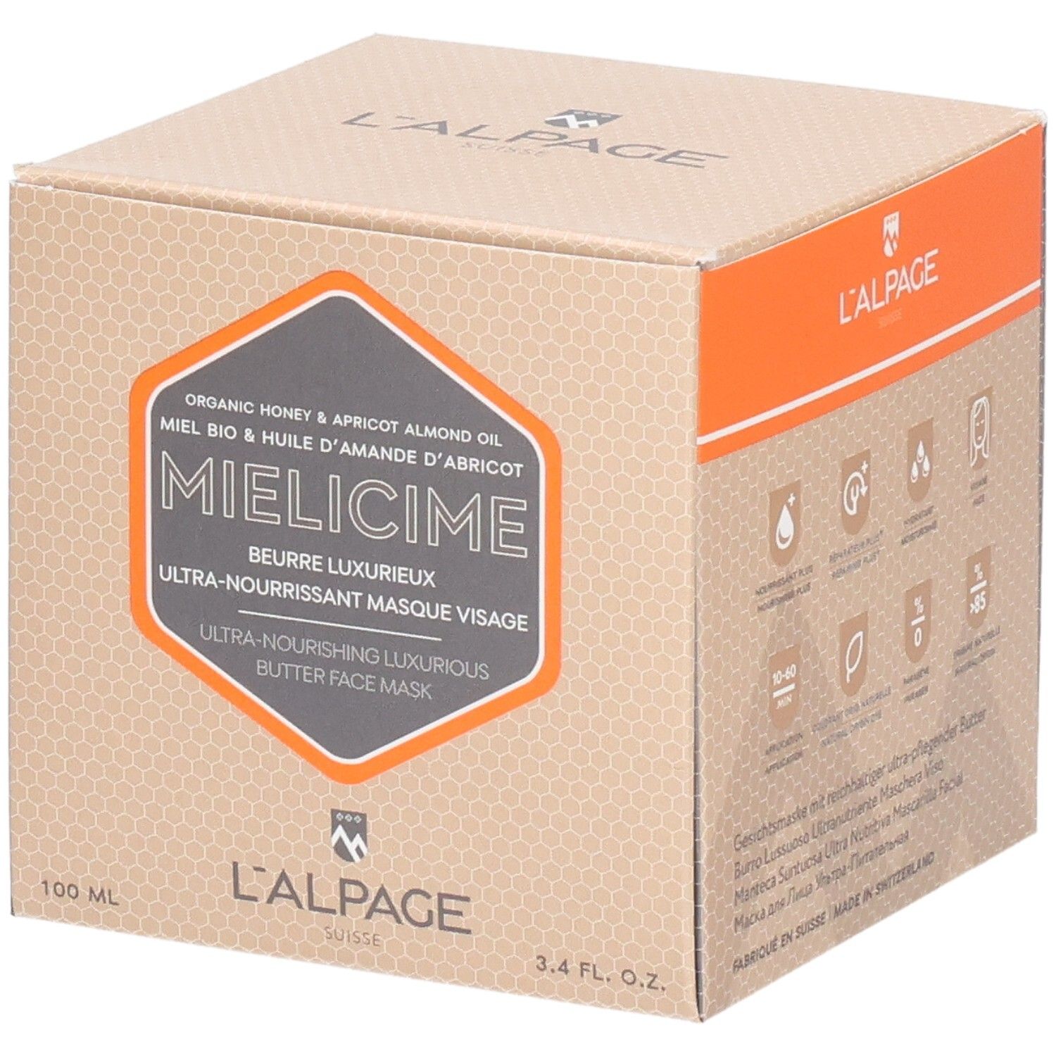 Boîte en carton avec impression du produit. Accents orange. Nom du produit : Mielicime. Texte : Masque visage ultra-nourrissant.