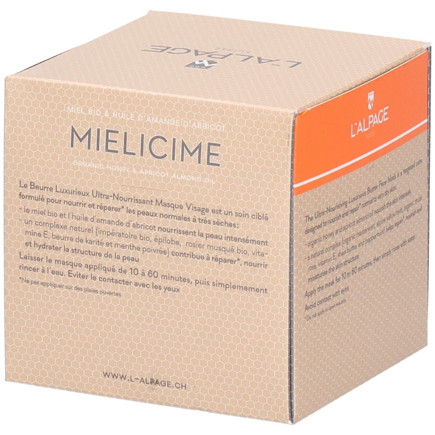 Boîte en carton avec description du produit. Accent orange. Texte : Masque visage ultra-nourrissant. Marque : L'ALPAGE.