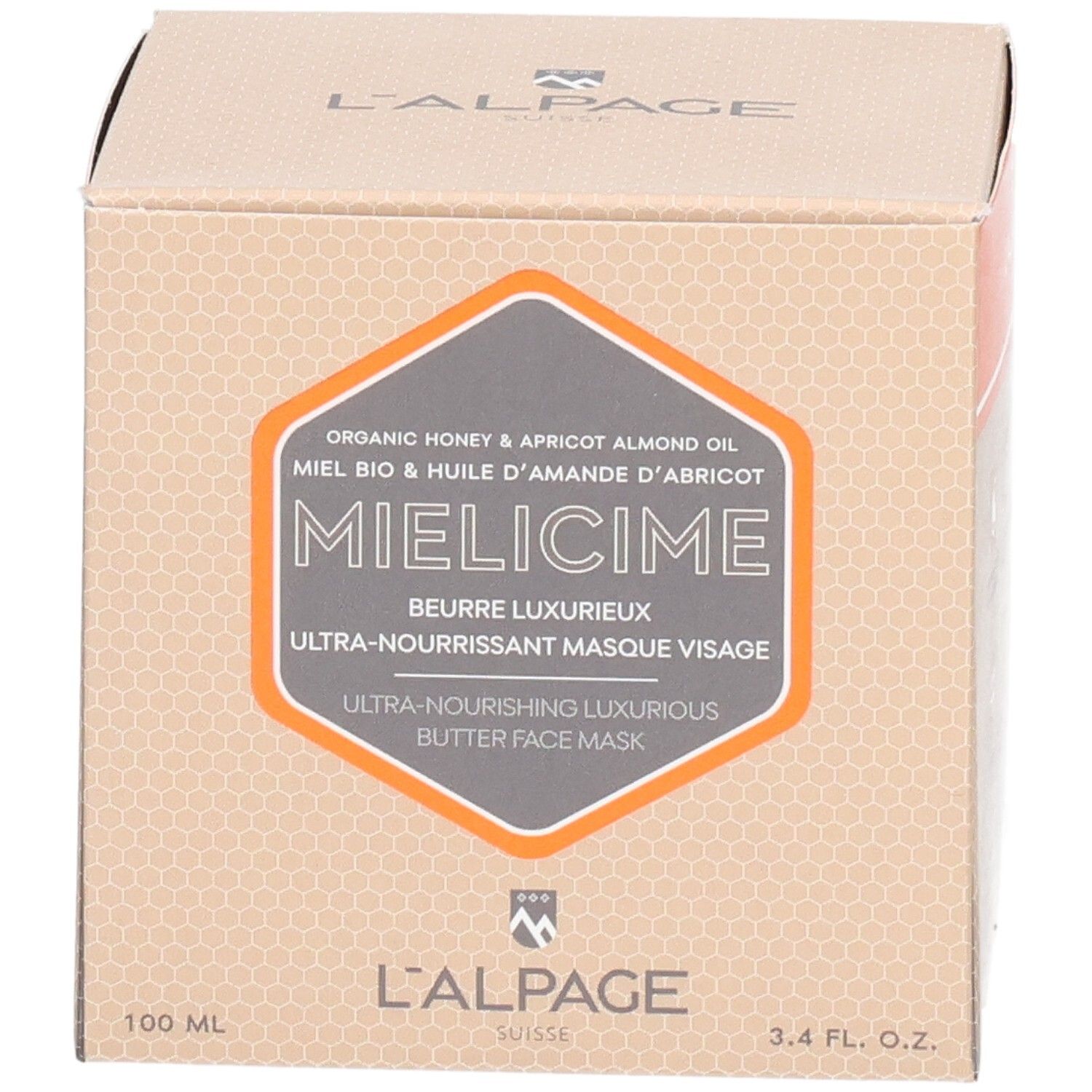 Boîte en carton avec impression du produit. Accents orange. Nom du produit : Mielicime. Texte : Masque visage ultra-nourrissant.