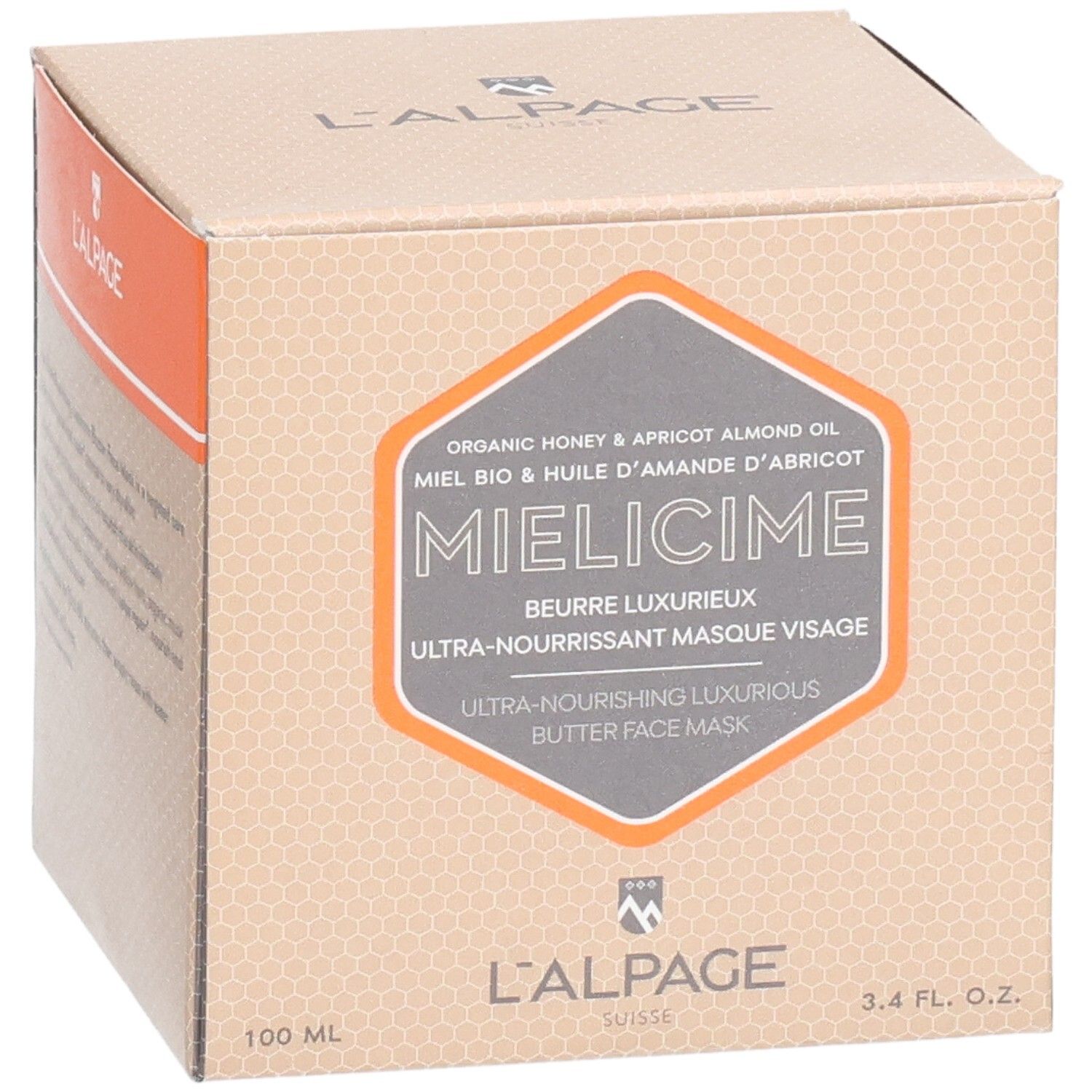 Boîte en carton avec impression du produit. Accents orange. Nom du produit : Mielicime. Texte : Masque visage ultra-nourrissant.