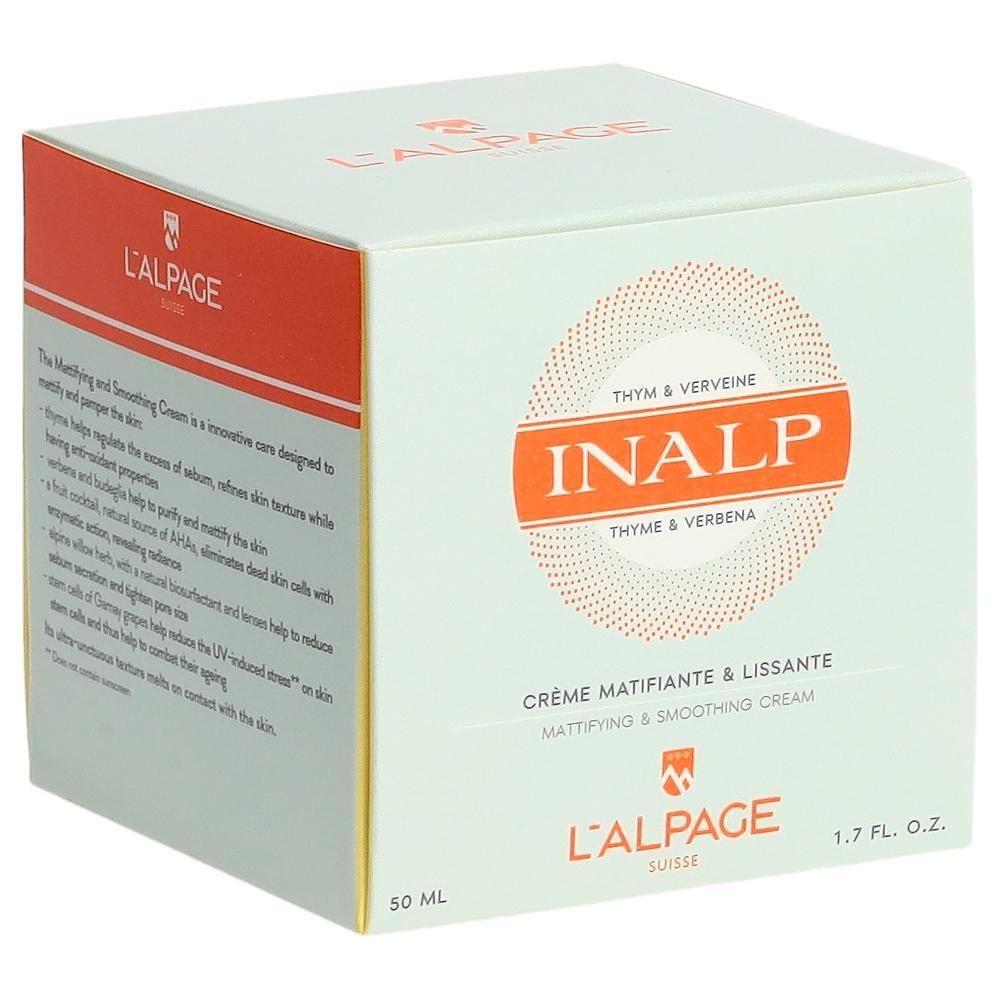 Boîte blanche L'ALPAGE. Inscription: INALP, Crème Matifiante & Lissante. 50 ml, 1.7 FL. OZ.