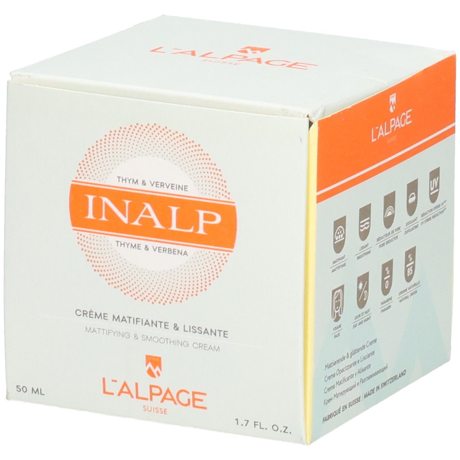 Boîte blanche L'ALPAGE. Inscription: INALP, Crème Matifiante & Lissante. 50 ml, 1.7 FL. OZ. Symboles au dos.