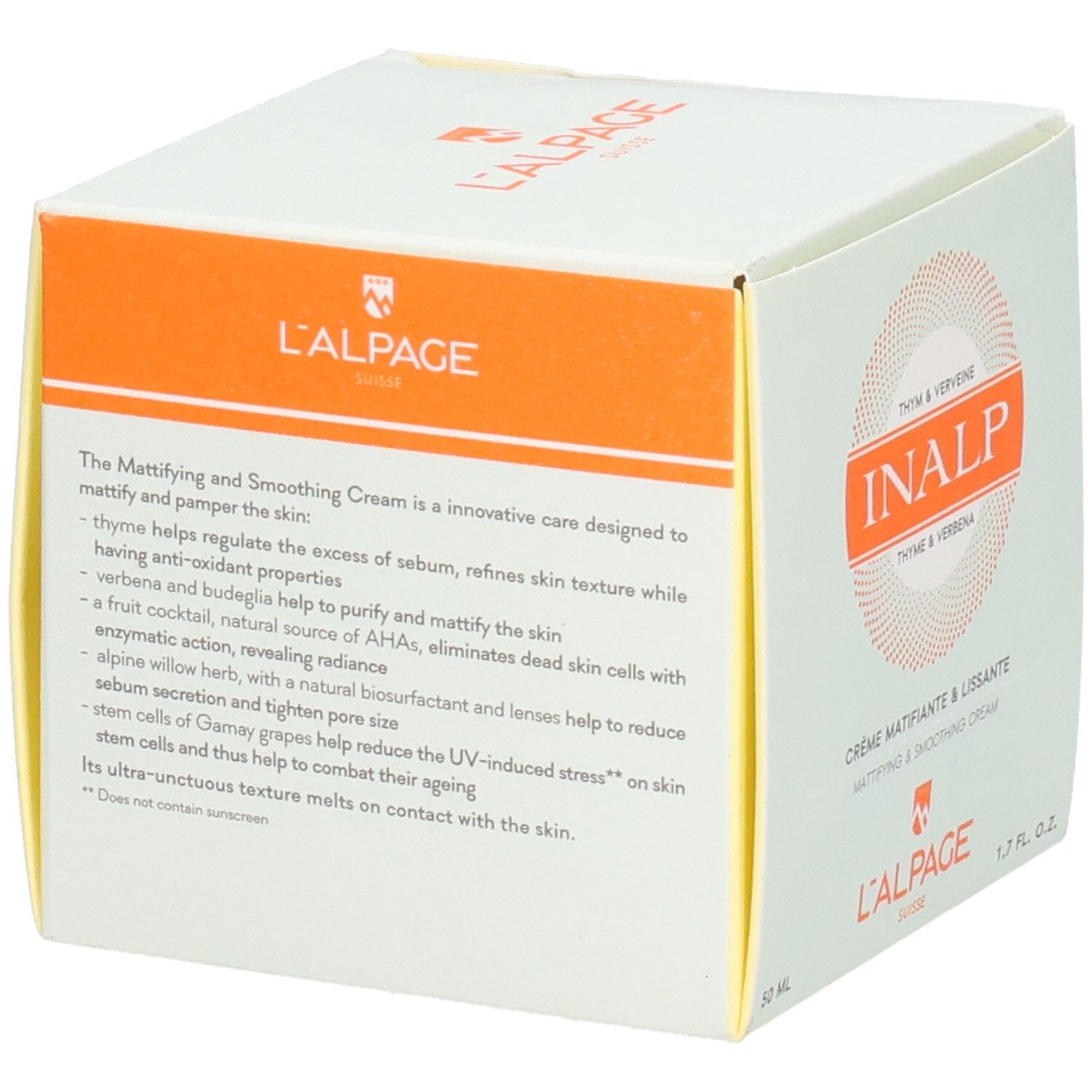 Boîte blanche L'ALPAGE. Inscription: INALP, Crème Matifiante & Lissante. Texte sur le côté.