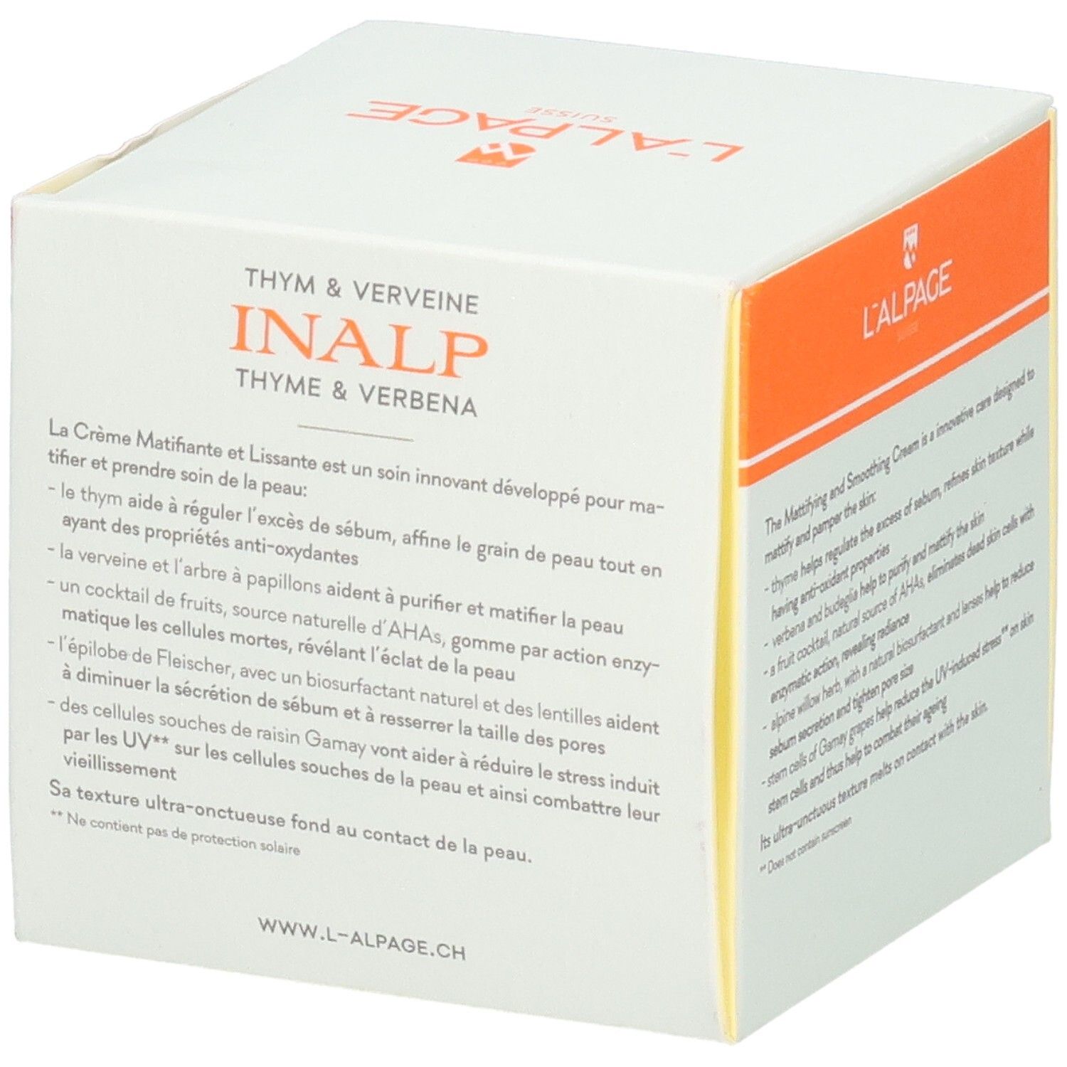 Boîte blanche L'ALPAGE. Inscription: INALP, Crème Matifiante & Lissante. Texte sur le côté.