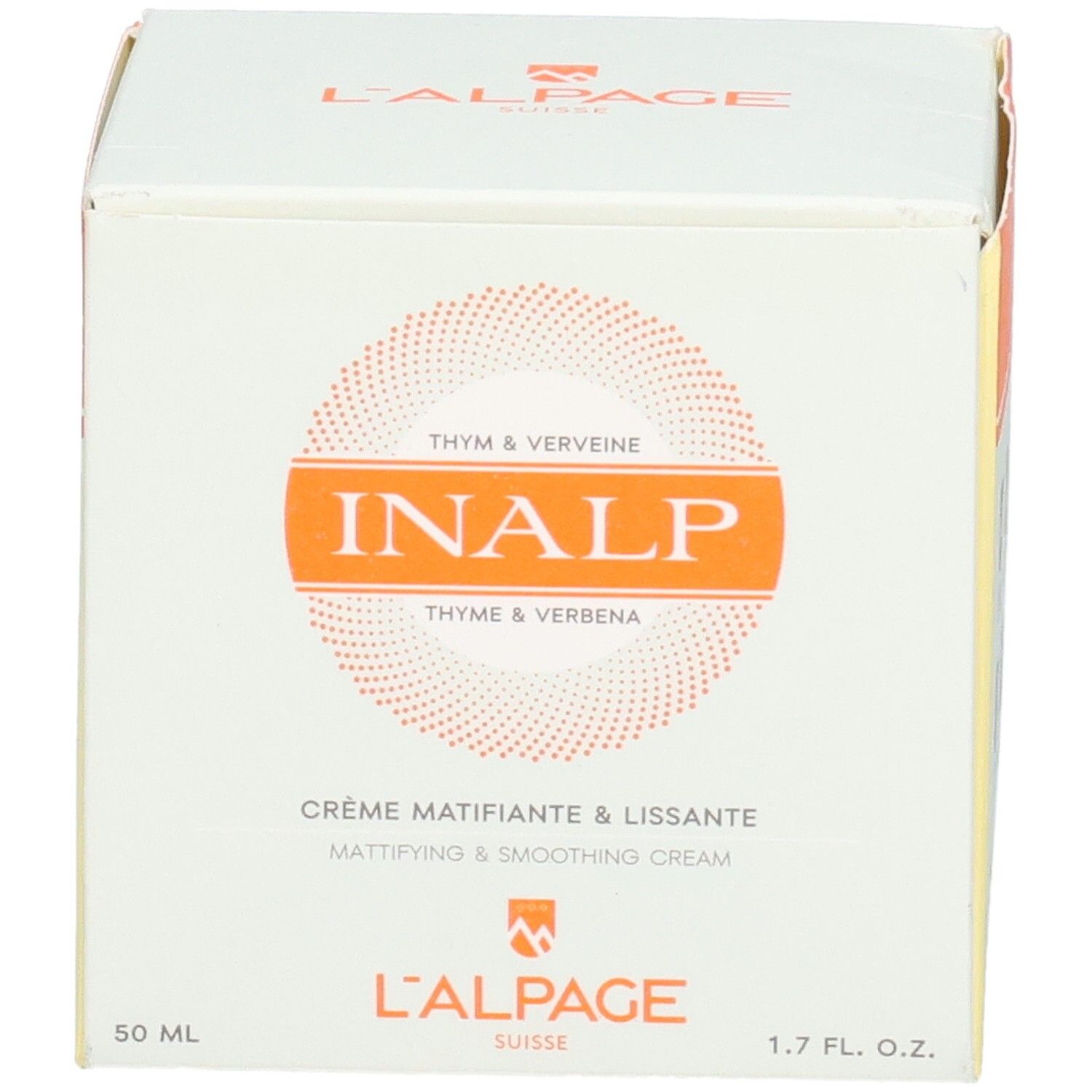 Boîte blanche L'ALPAGE. Inscription: INALP, Crème Matifiante & Lissante. 50 ml, 1.7 FL. OZ.