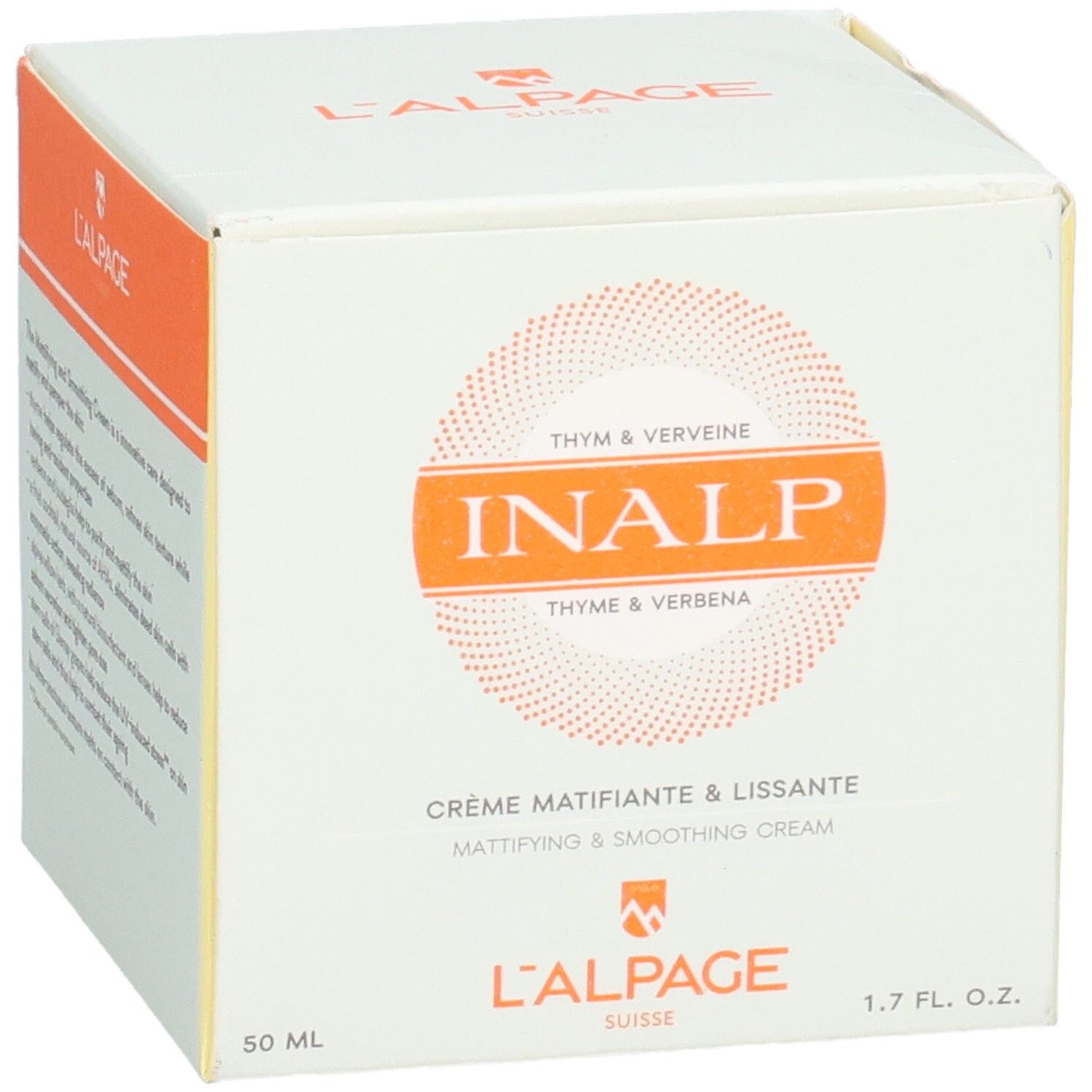 Boîte blanche L'ALPAGE. Inscription: INALP, Crème Matifiante & Lissante. 50 ml, 1.7 FL. OZ.