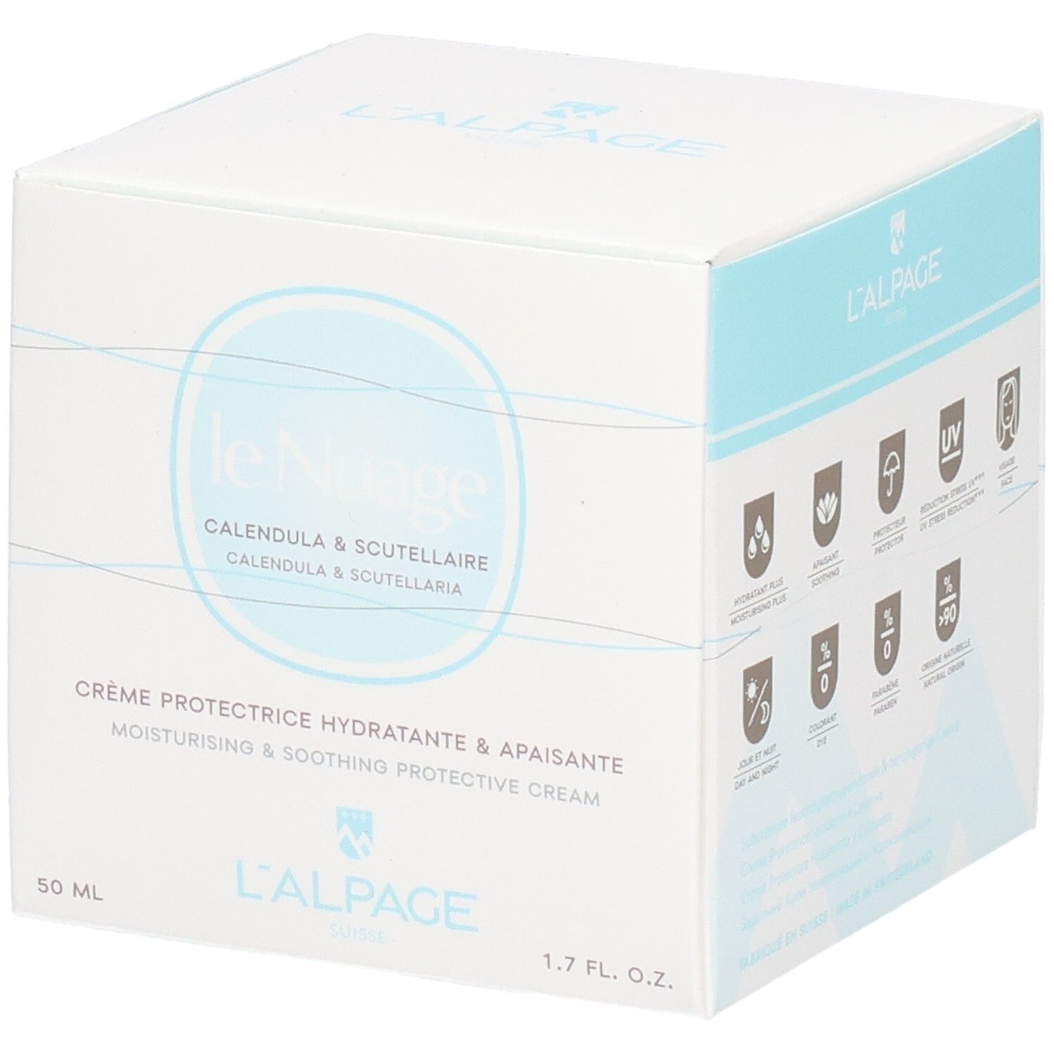 Boîte blanche avec nom et logo du produit. Symboles de protection. Texte: Crème Protectrice Hydratante & Apaisante. 1.7 FL. OZ.