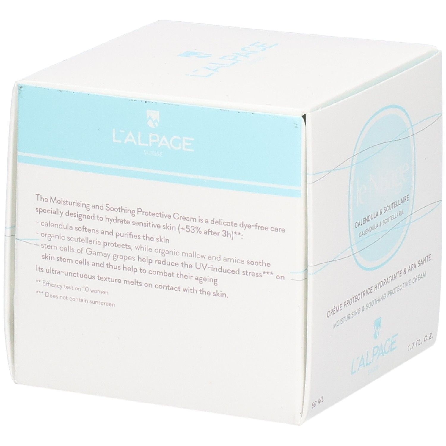 Boîte blanche avec nom et logo du produit. Texte: Crème Protectrice Hydratante & Apaisante. 50 ML. Texte en français.