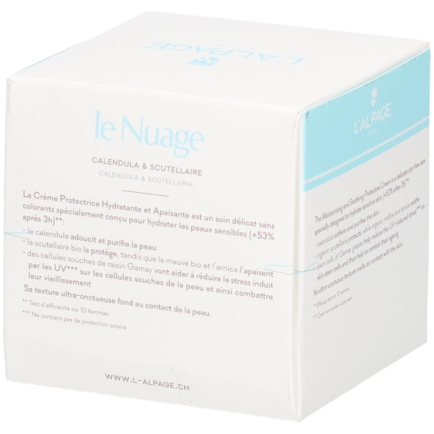 Boîte blanche avec nom et logo du produit. Texte en français. Texte: Crème Protectrice Hydratante & Apaisante. www.l-alpage.ch
