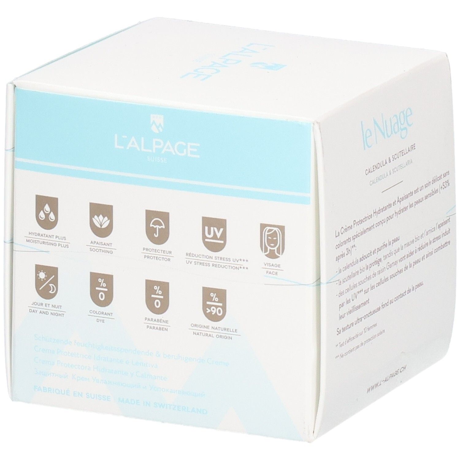 Boîte blanche avec nom et logo du produit. Symboles et texte en français. Texte: Crème Protectrice Hydratante & Apaisante.