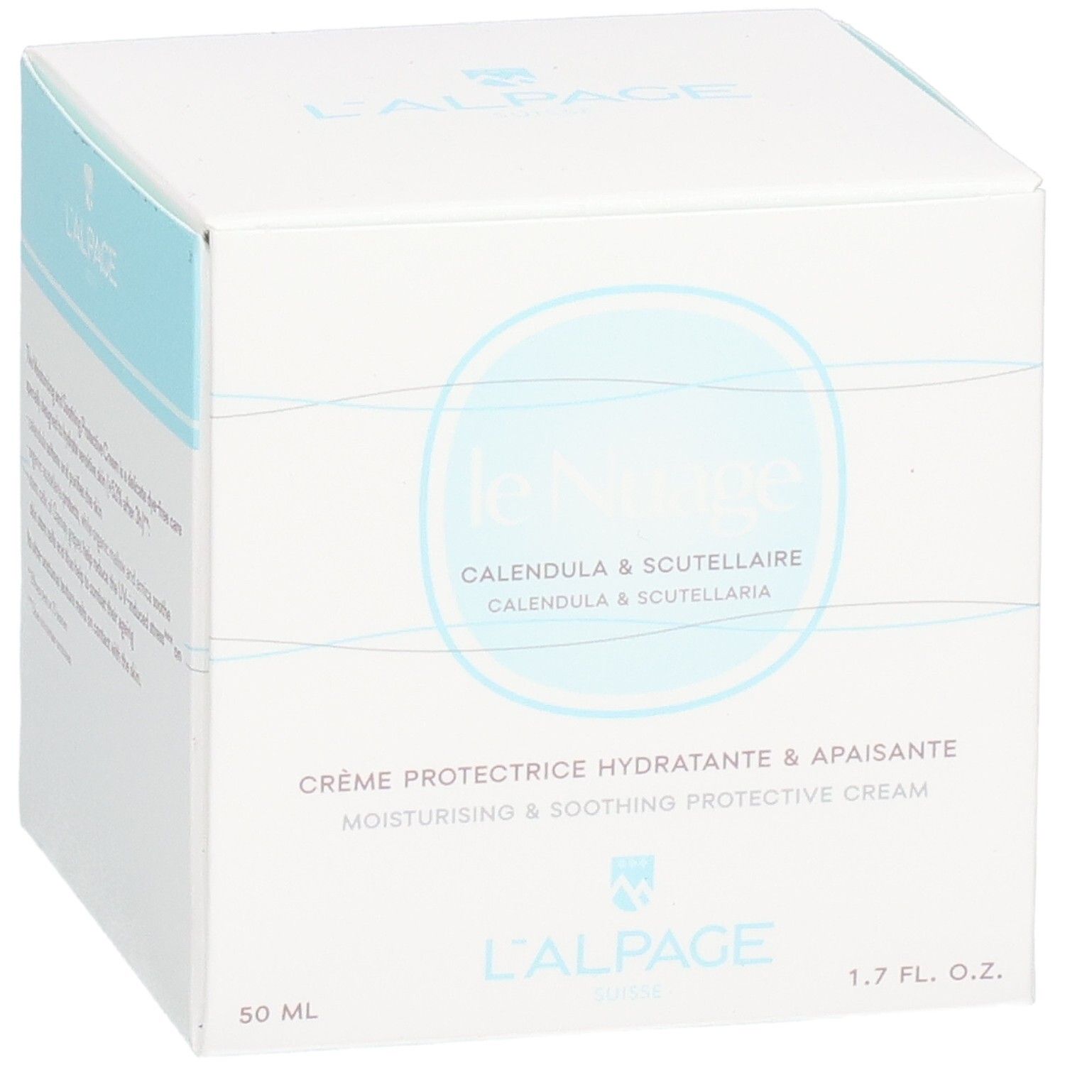 Boîte blanche avec nom et logo du produit. Texte: Crème Protectrice Hydratante & Apaisante. 1.7 FL. OZ. 50 ML.