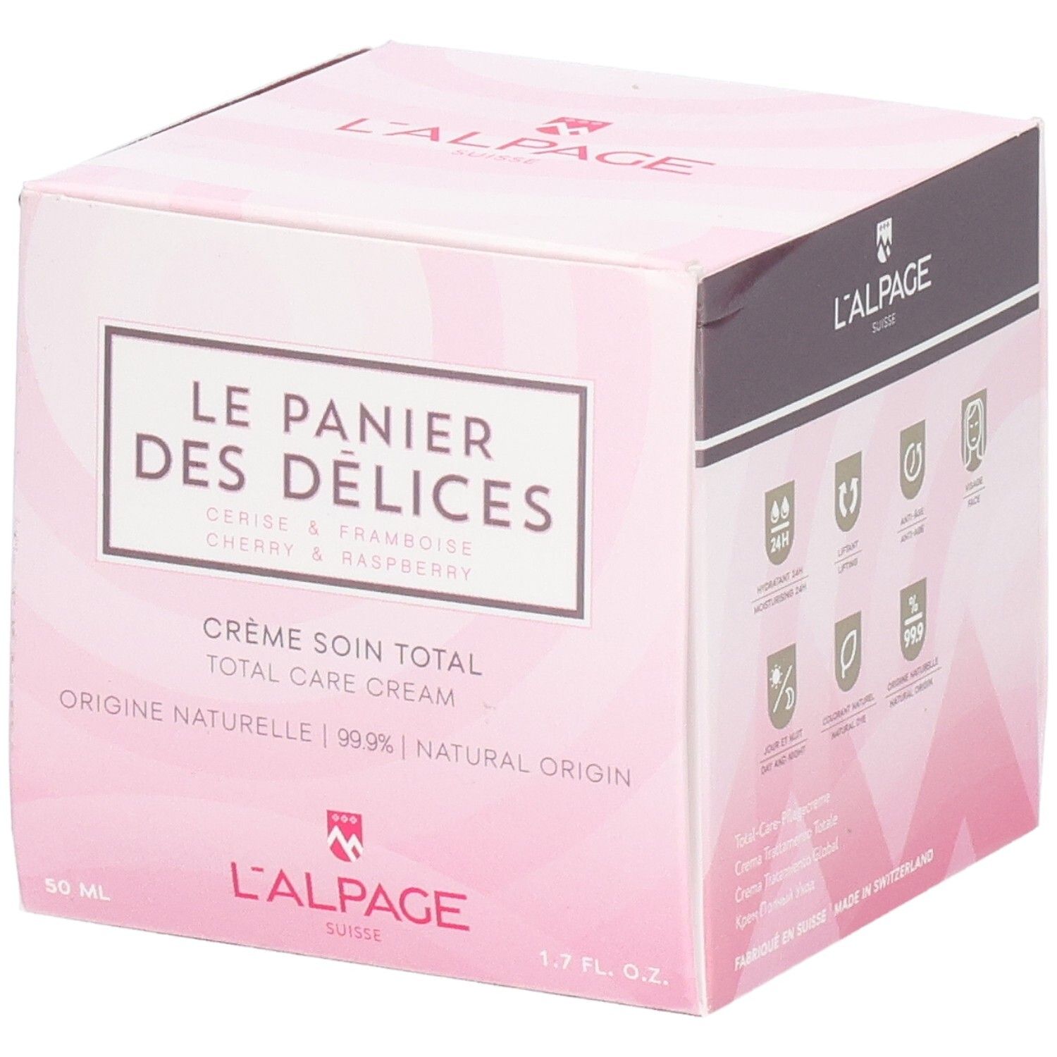 Boîte rose avec nom du produit et logo. Texte : Crème soin total, Cerise & Framboise. Marque : L'ALPAGE.