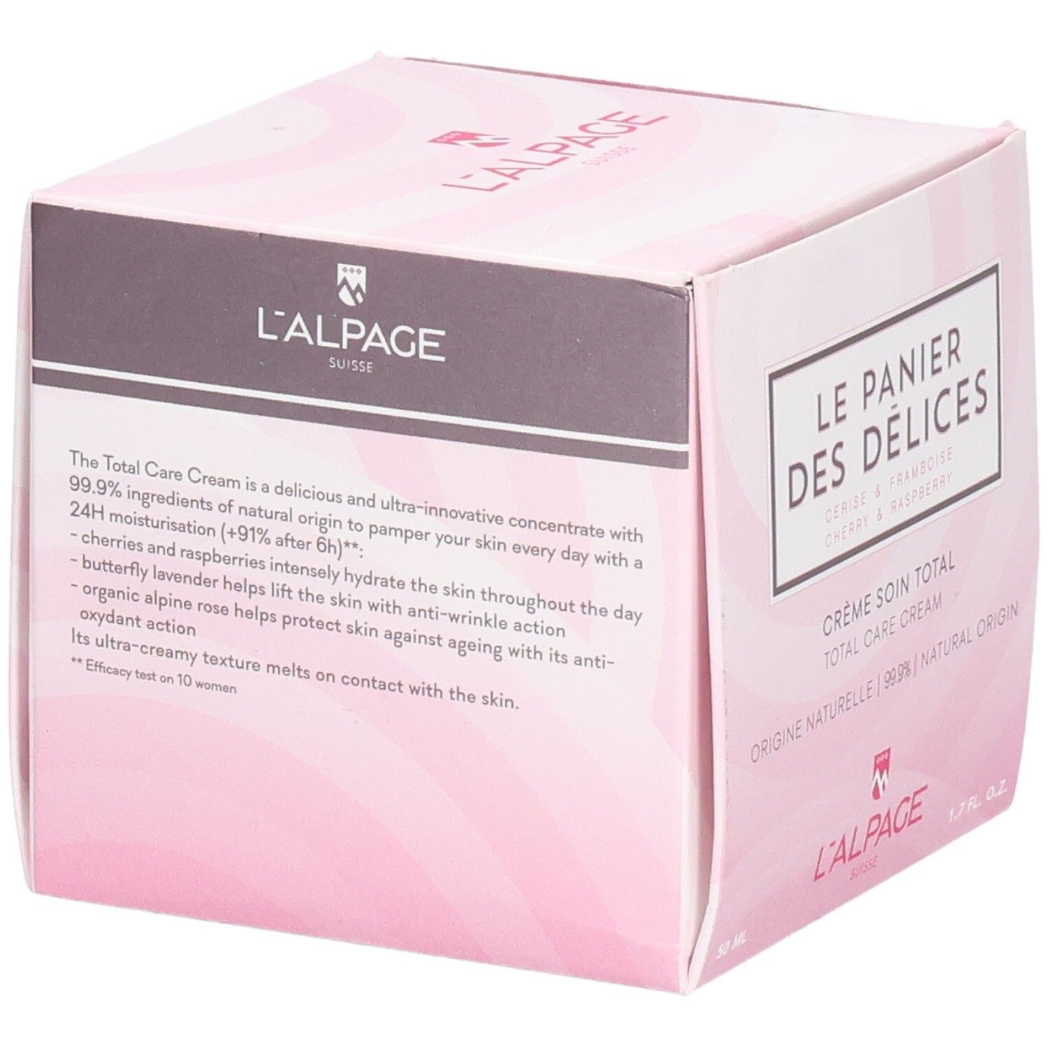 Boîte rose avec nom du produit et logo. Texte : Crème soin total, Cerise & Framboise. Marque : L'ALPAGE.