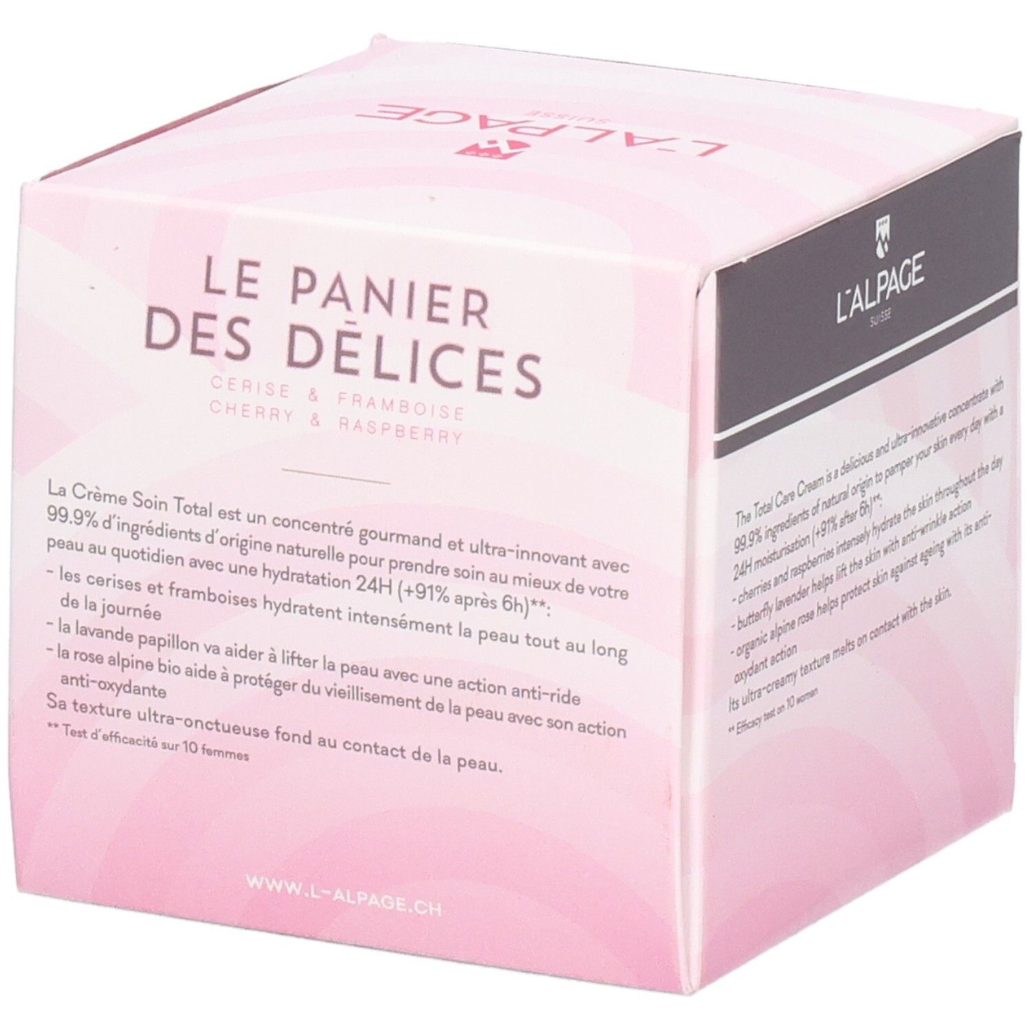 Boîte rose avec nom du produit et logo. Texte : Crème soin total, Cerise & Framboise. Marque : L'ALPAGE.