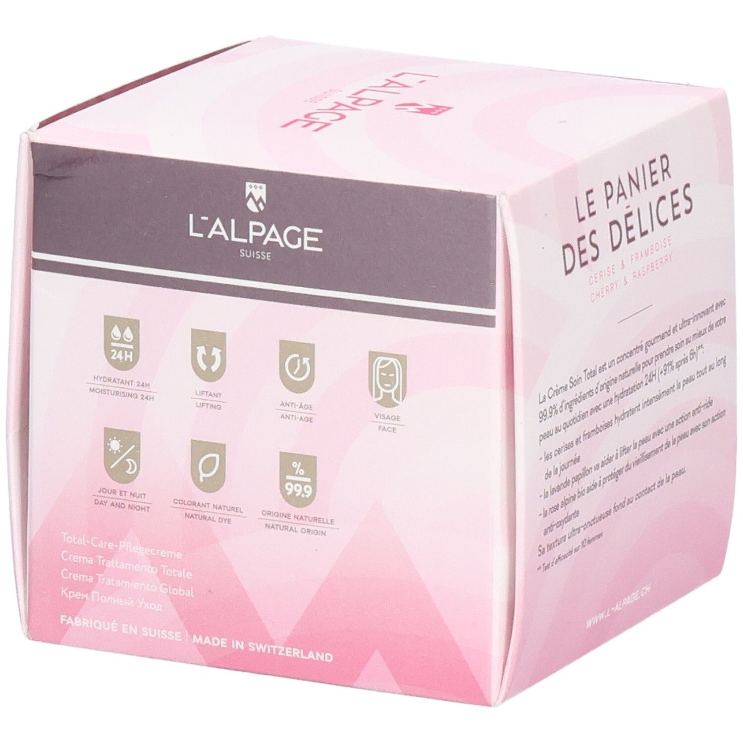 Boîte rose avec nom du produit et logo. Texte : Crème soin total, Cerise & Framboise. Marque : L'ALPAGE.