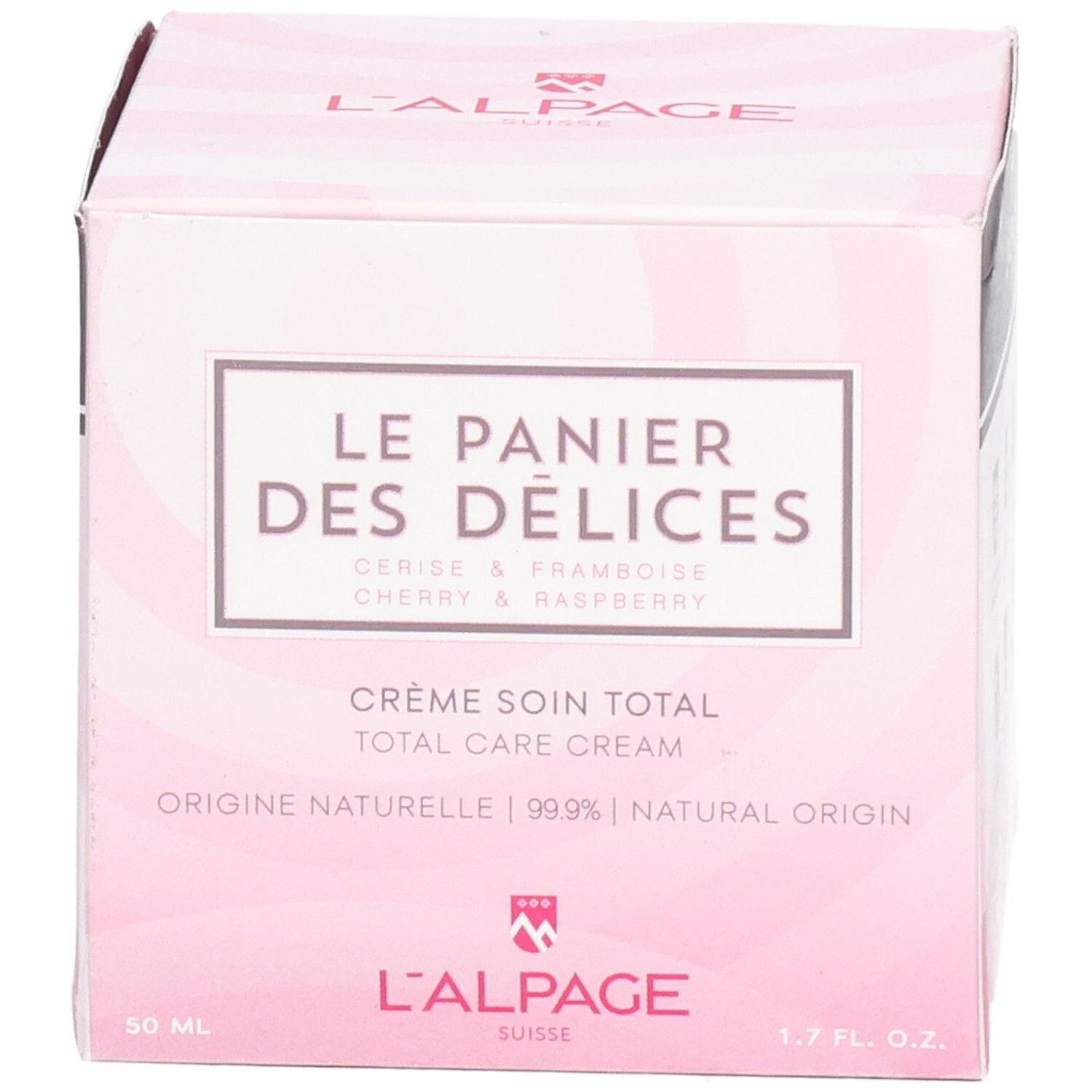 Boîte rose avec nom du produit et logo. Texte : Crème soin total, Cerise & Framboise. Marque : L'ALPAGE.