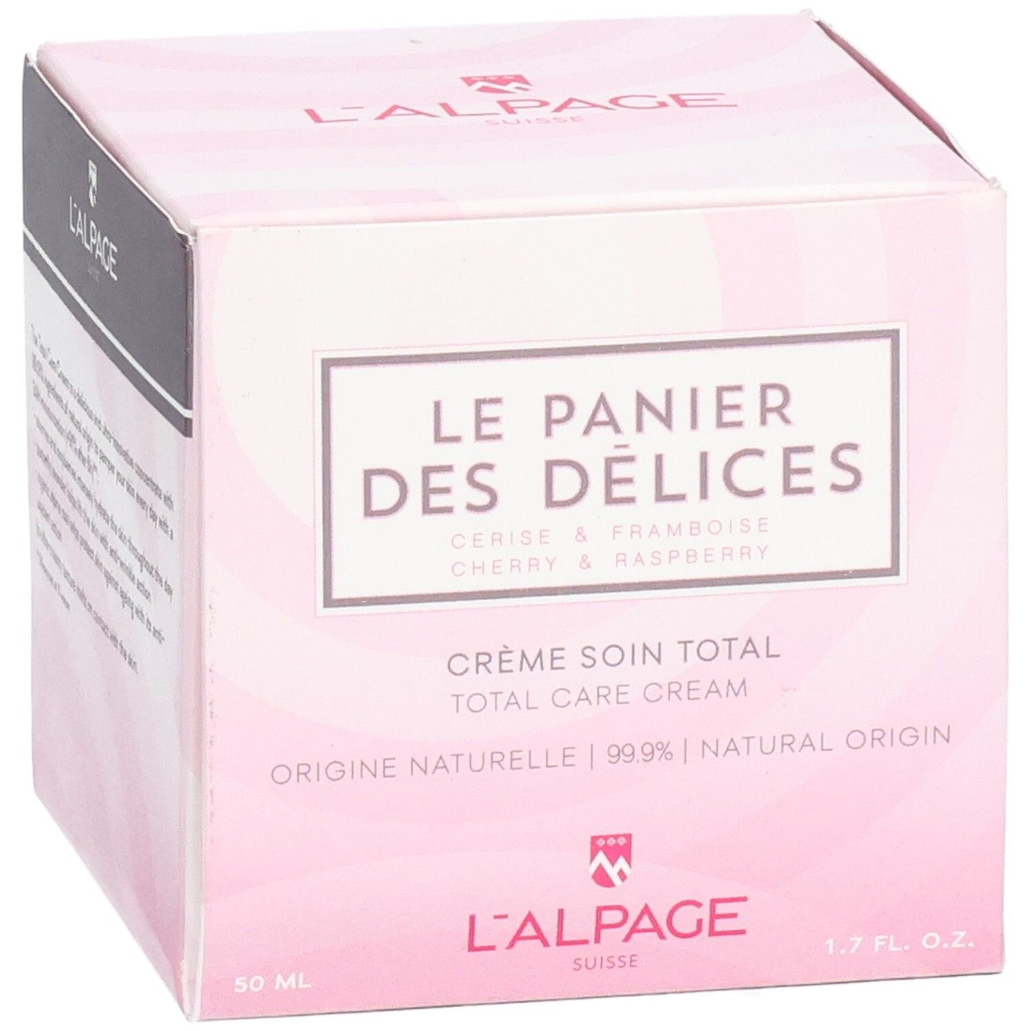 Boîte rose avec nom du produit et logo. Texte : Crème soin total, Cerise & Framboise. Marque : L'ALPAGE.