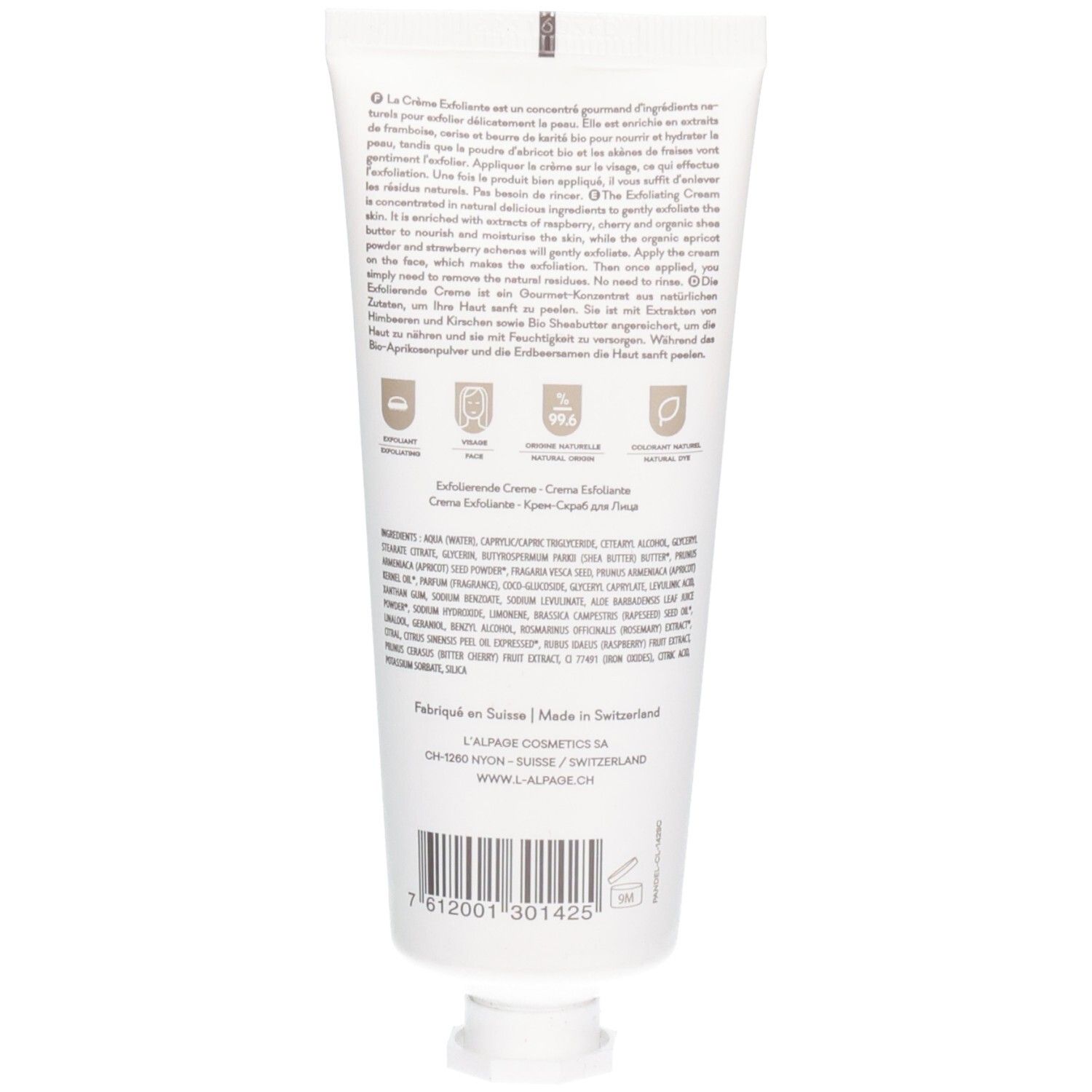Tube blanc avec impression arrière, contenant des informations et des certifications.