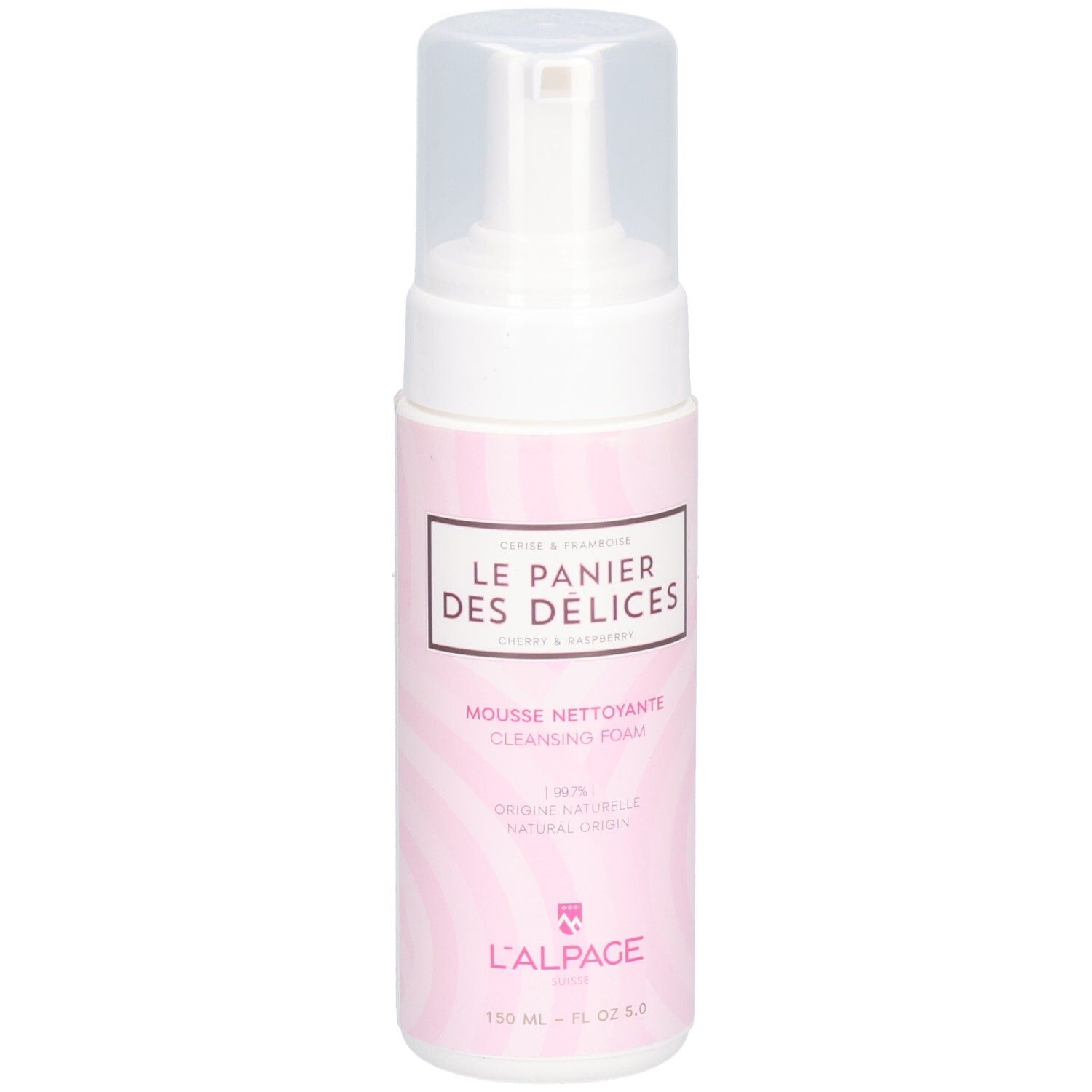 Flacon de mousse nettoyante. Distributeur blanc avec bouchon transparent. Étiquette rose avec nom du produit et marque L'ALPAGE.