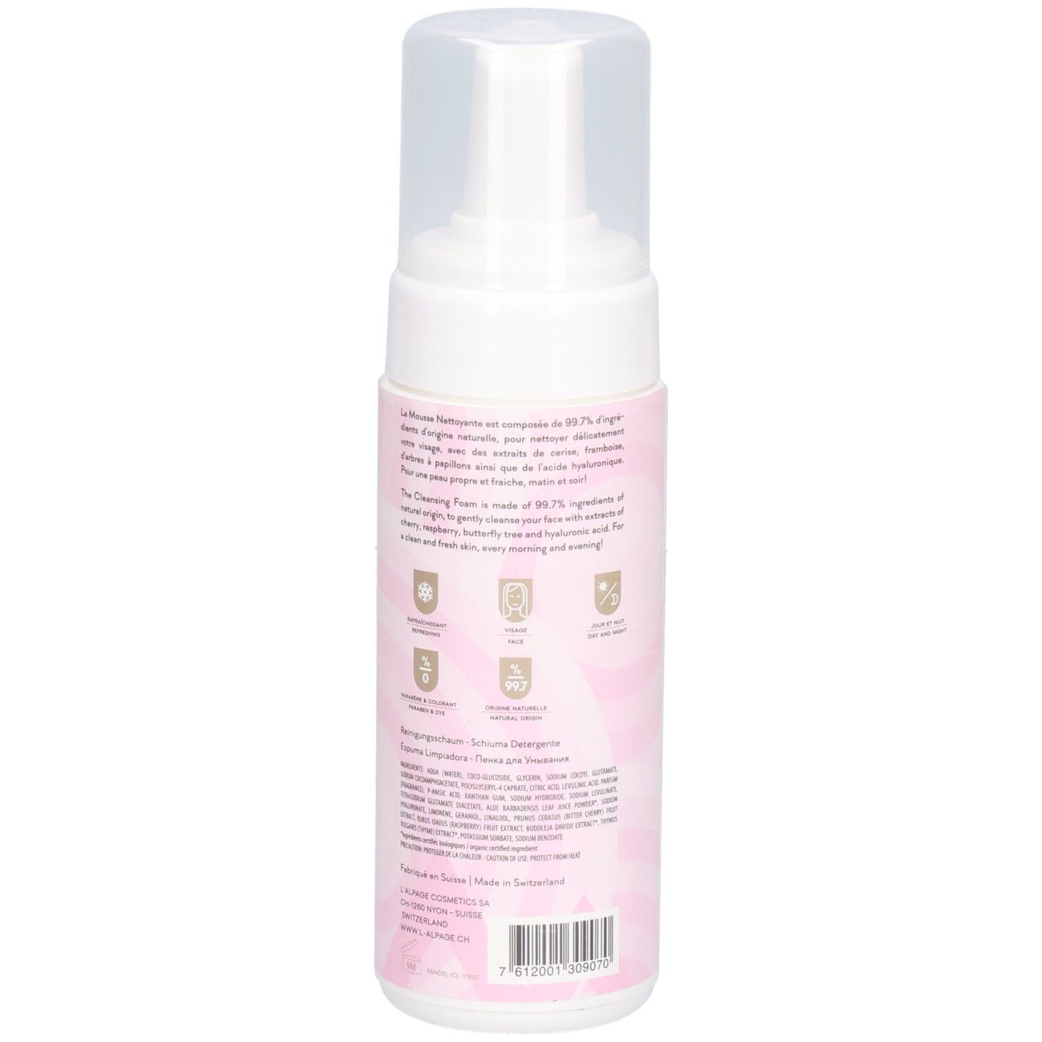 Flacon de mousse nettoyante, vue arrière. Distributeur blanc avec bouchon transparent. Étiquette rose avec texte et logos.