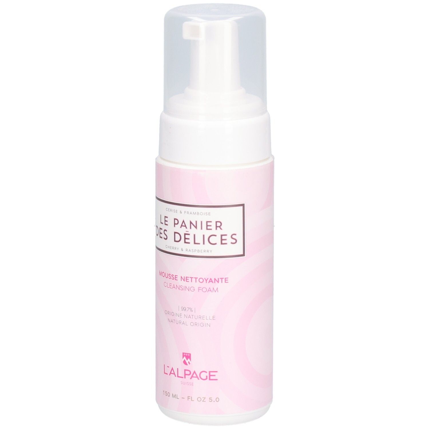 Flacon de mousse nettoyante. Distributeur blanc avec bouchon transparent. Étiquette rose avec nom du produit et marque L'ALPAGE.